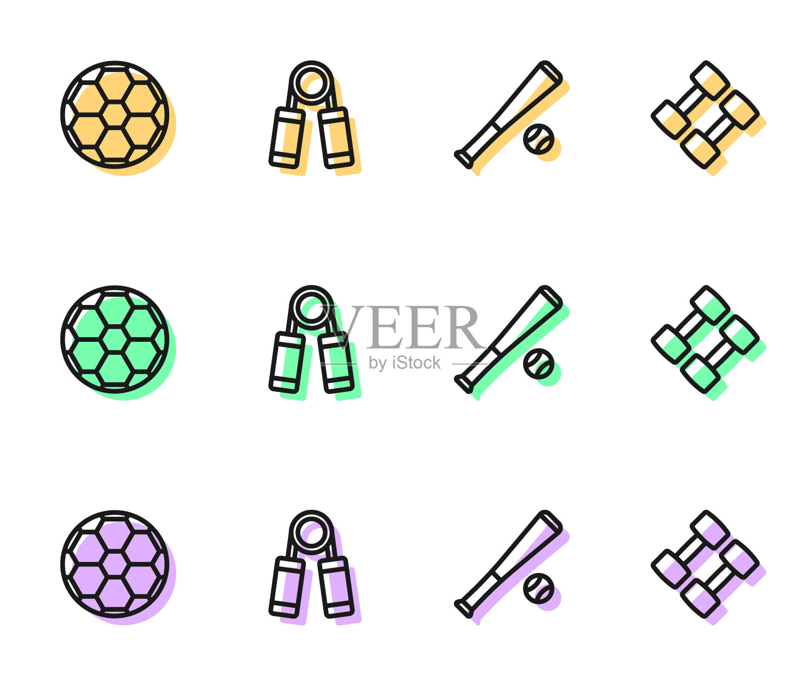 设置线棒球棒与球，足球，运动扩展器和哑铃图标。向量插画图片素材