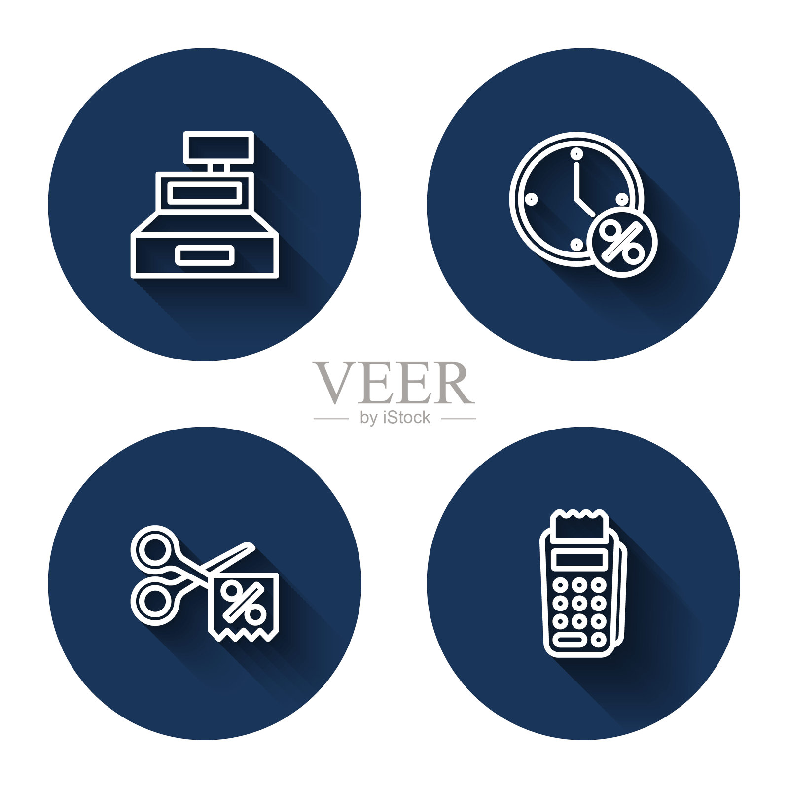 设有收银机、挂钟及九折优惠、剪剪券及长影POS机。蓝色圆圈按钮。向量插画图片素材