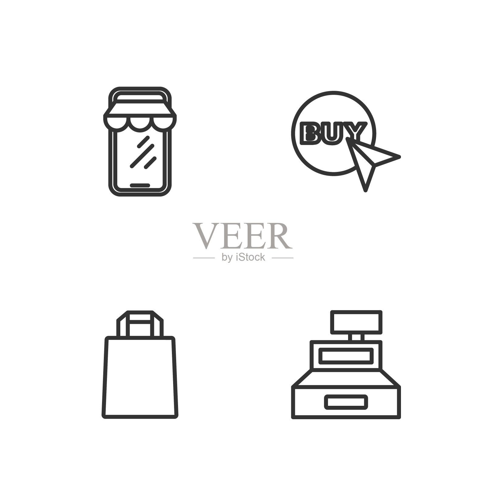 设有在线收银机，纸质购物袋，在线电话和购买按钮图标。向量图标素材