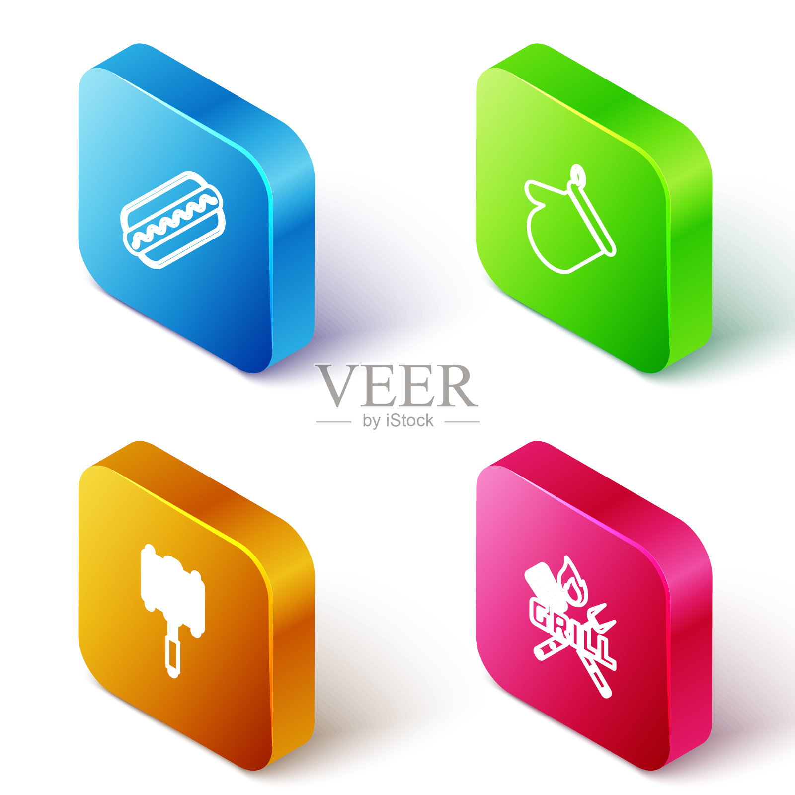 设置等距线热狗三明治，烤箱手套，烧烤钢网格和交叉叉铲图标。向量图标素材