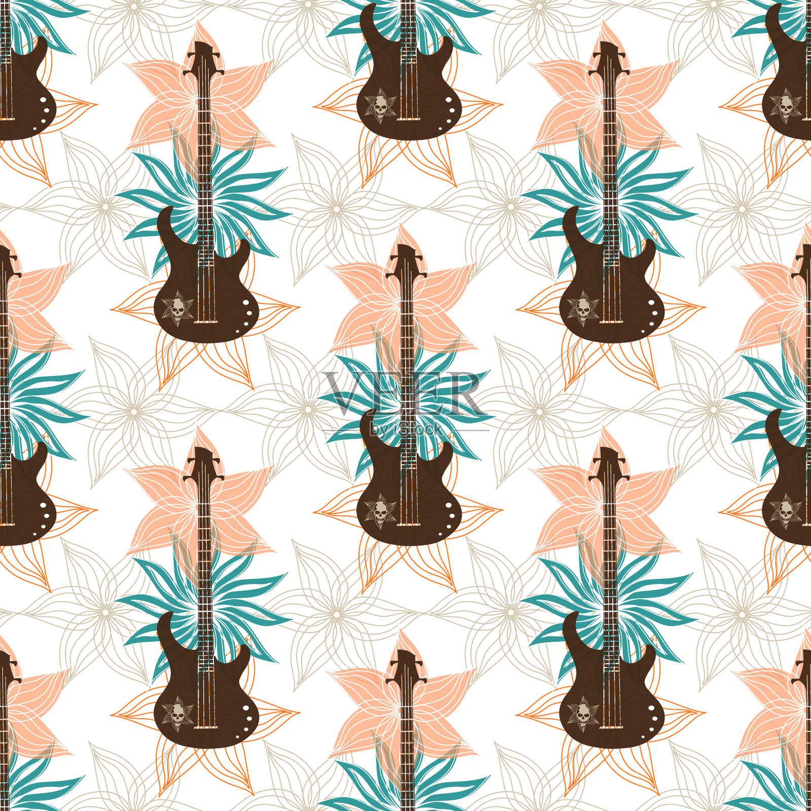 无缝背景与低音吉他和鲜花..音乐壁纸。插画图片素材