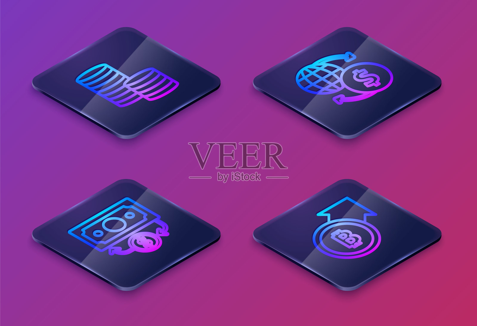 设等距线硬币货币与美元，堆栈纸币，货币兑换和金融增长和比特币。蓝色方形按钮。向量插画图片素材