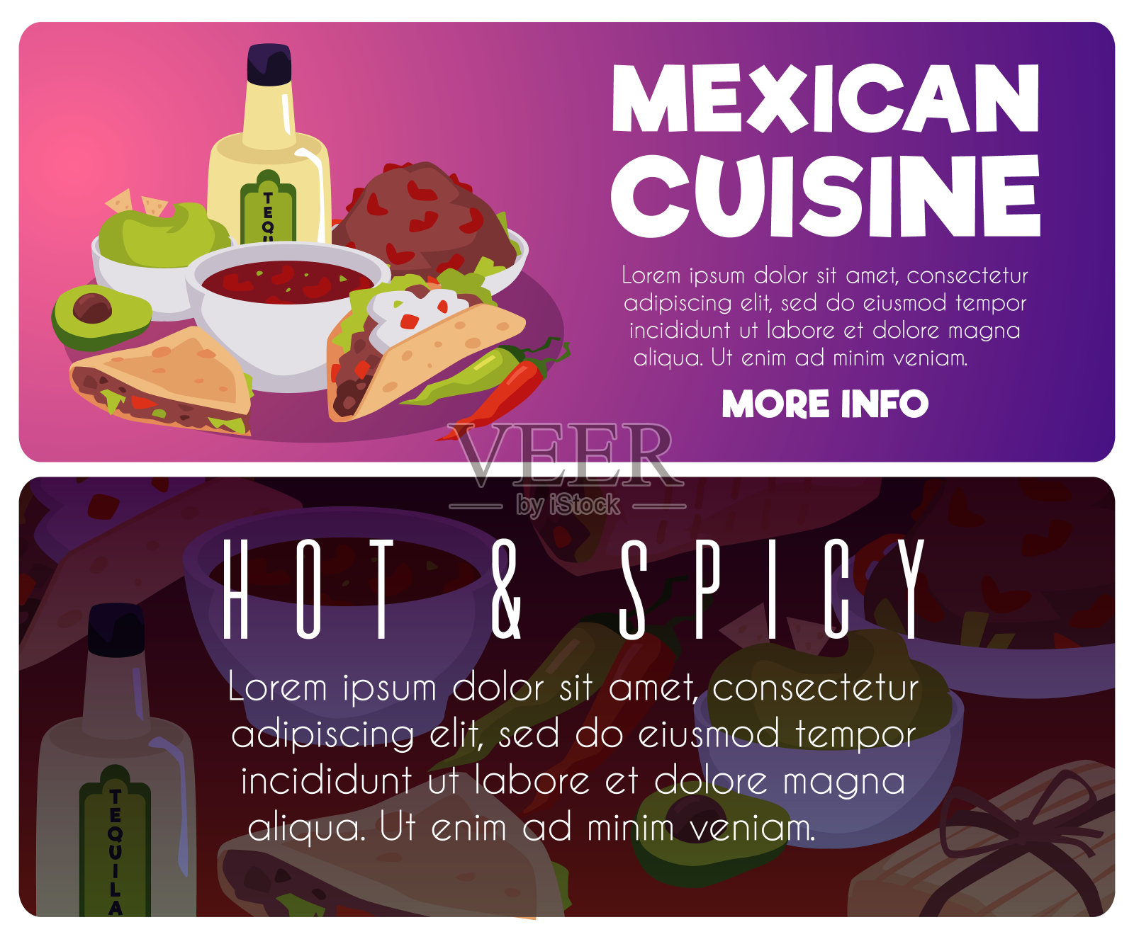 矢量海报设置与传统的墨西哥食物，如玉米饼，玉米饼，鳄梨酱，萨尔萨卡通墨西哥菜插画图片素材