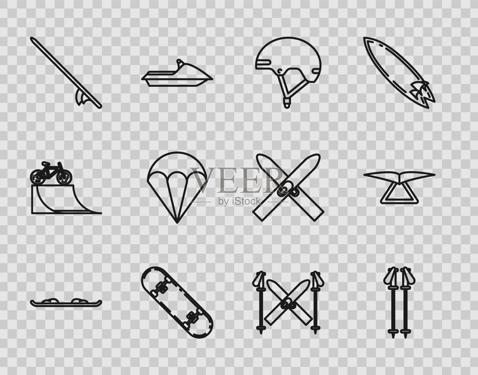 设置线滑雪板滑雪杖头盔滑板图标素材