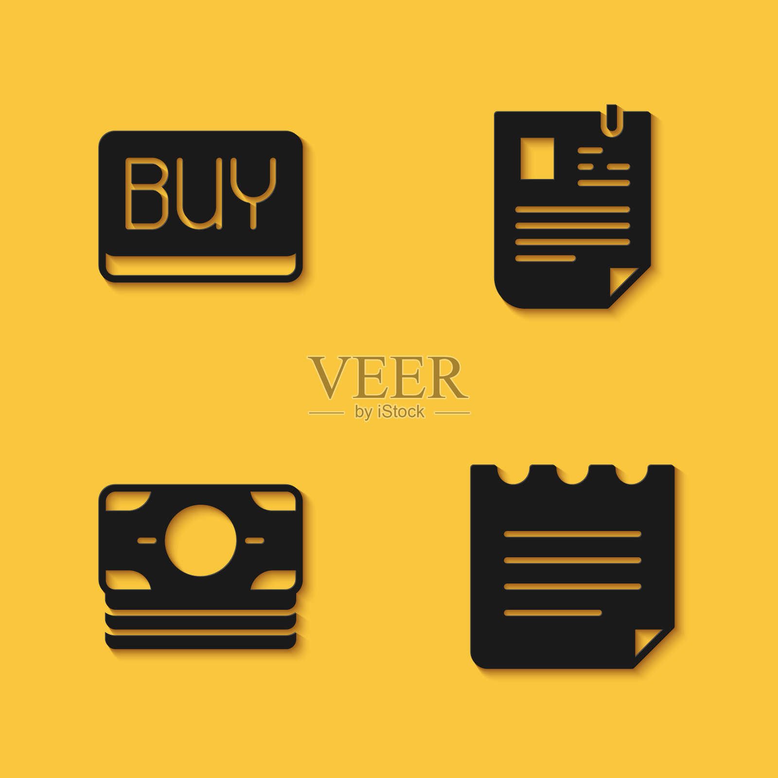 设置购买按钮，笔记本，堆栈纸币现金和简历图标长阴影。向量插画图片素材