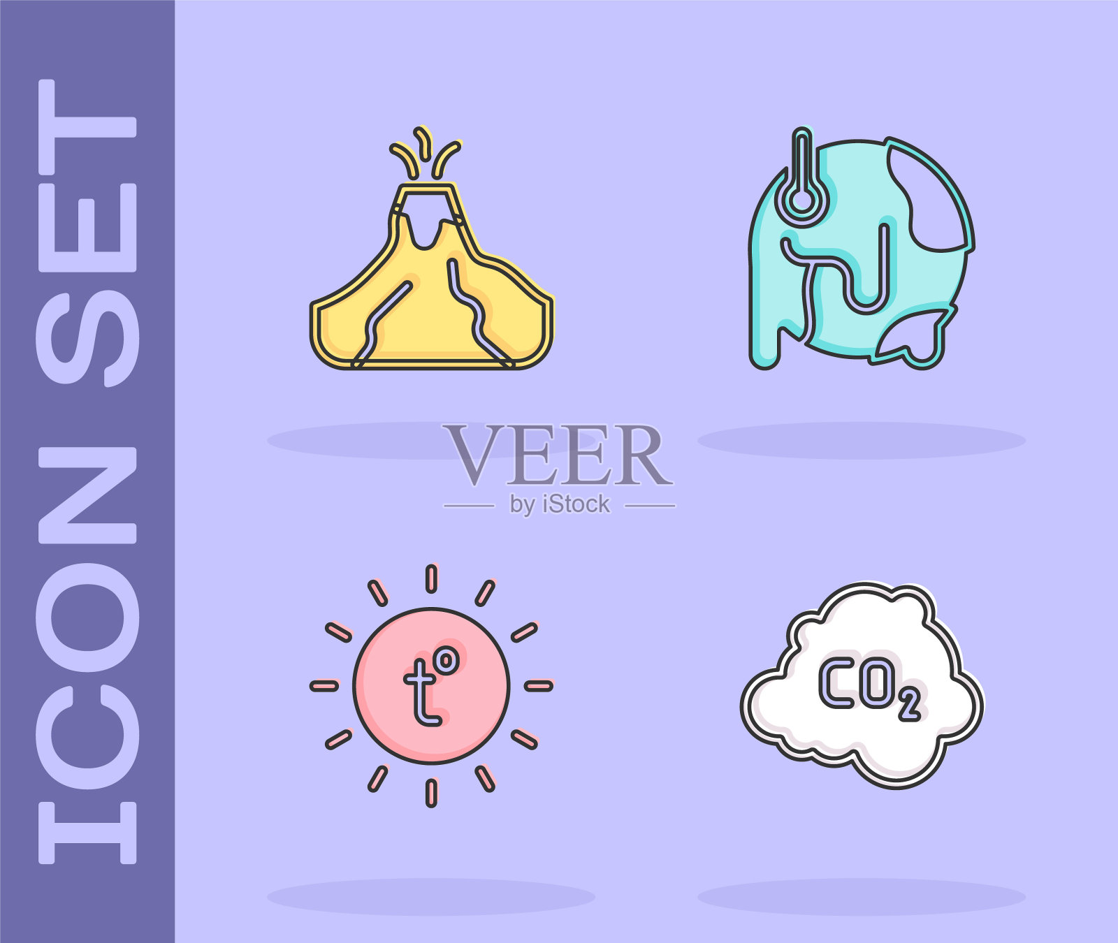 设置二氧化碳排放在云，火山喷发与熔岩，太阳和全球变暖的图标。向量图标素材