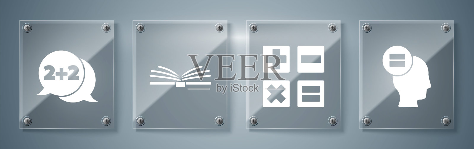 设置计算、计算器、开卷和方程解。方形玻璃板。向量插画图片素材