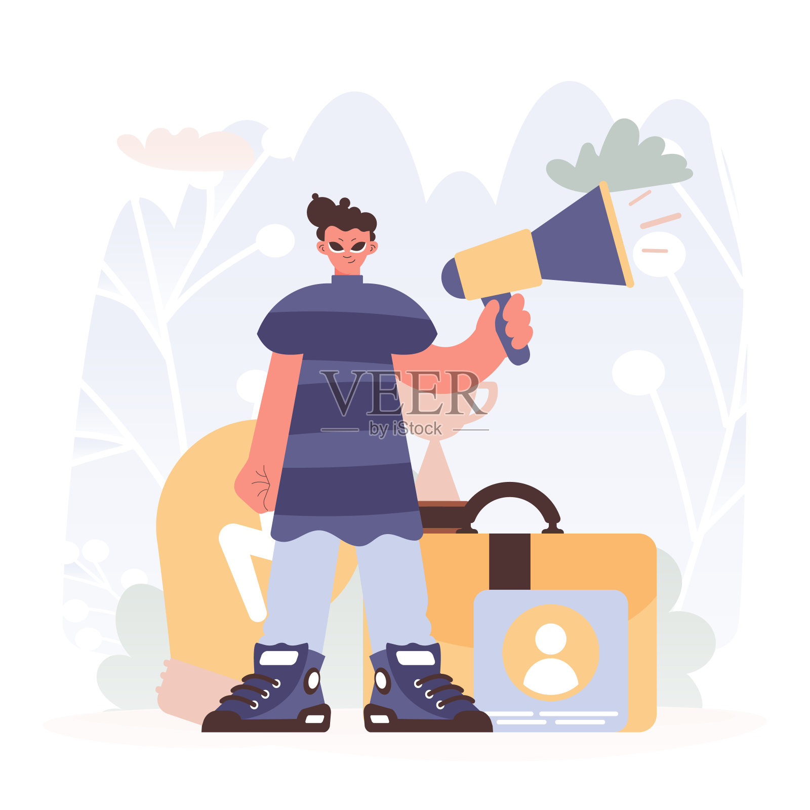 拿着功放的人，预示着工作的开启，回荡着事业的目标，开启了事业的巅峰之旅。插画图片素材