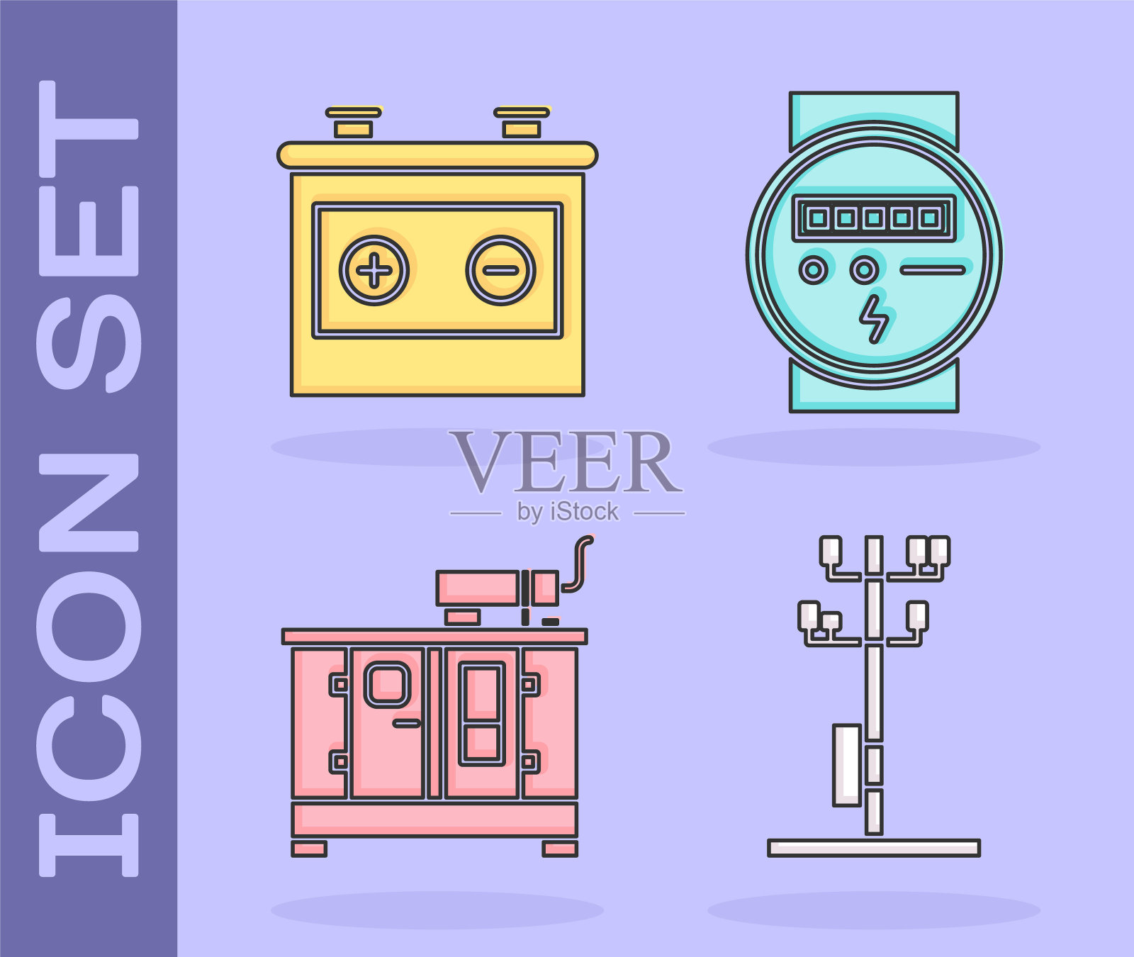 设置高压电线杆线，汽车电池，柴油发电机和电表图标。向量插画图片素材