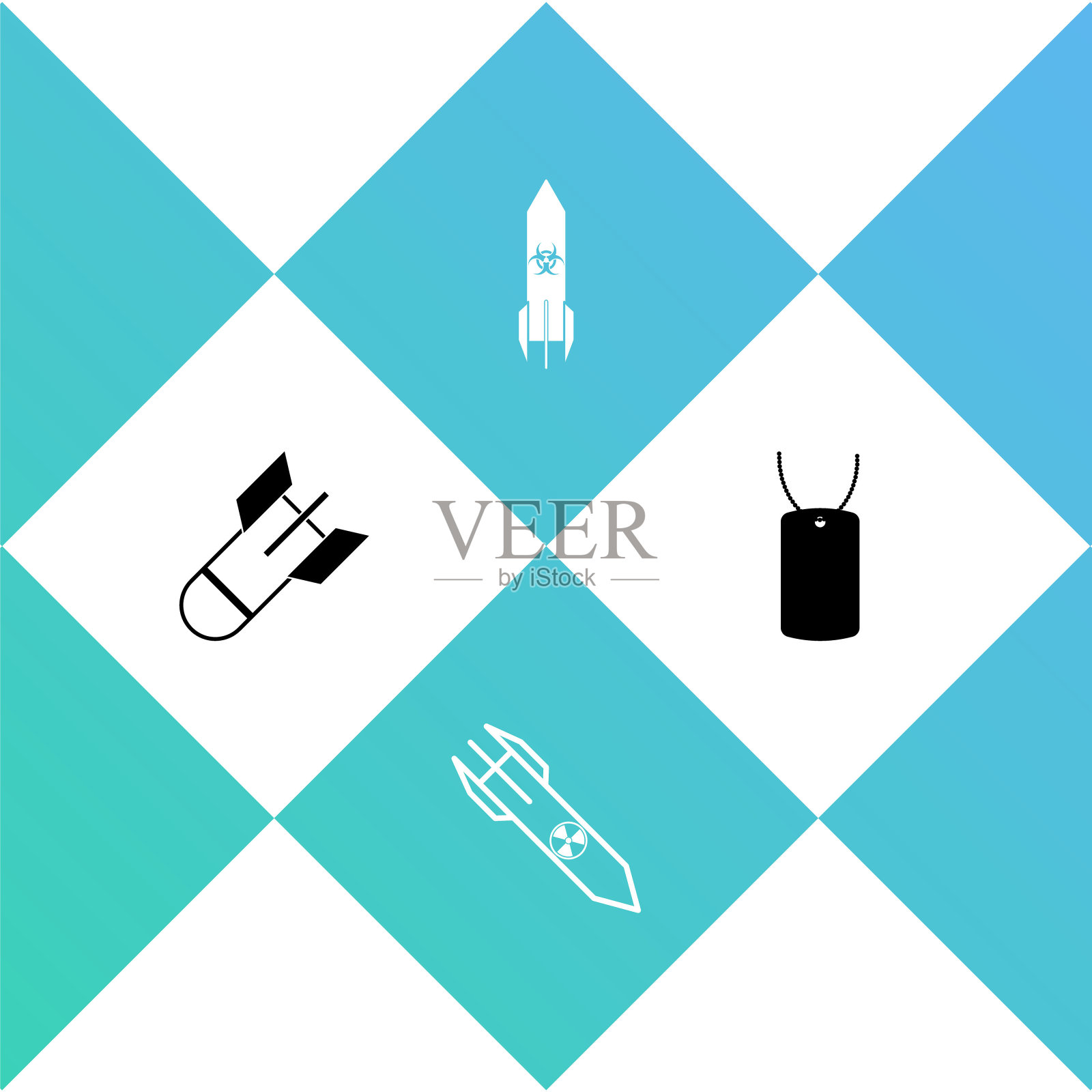 设置航空炸弹，核火箭，生物危害和军事狗标签图标。向量插画图片素材