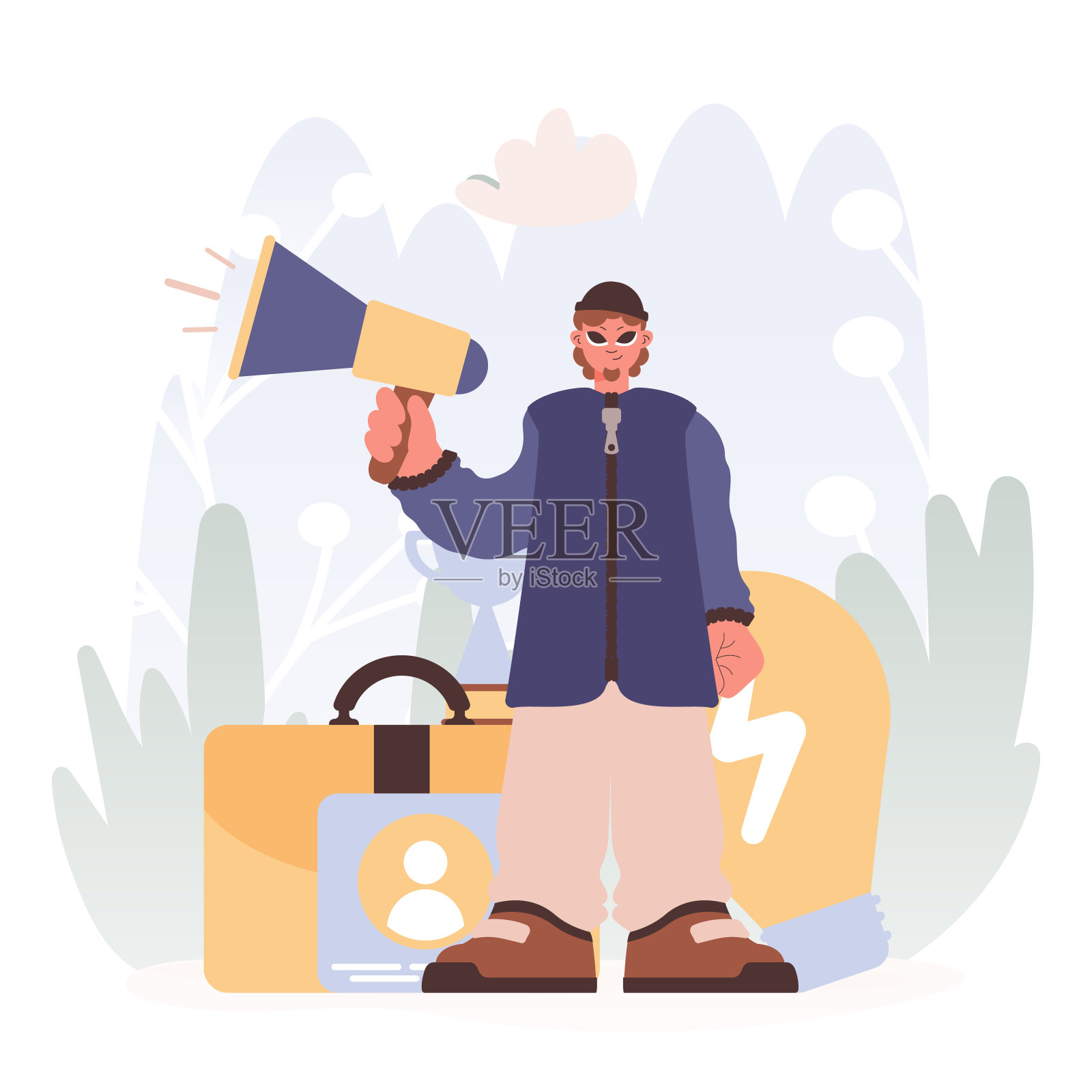 拿着强化器的人，发出工作开口的信号，回荡着职业目标和锁定，在为到来的完整循环而旅行的工作中。插画图片素材