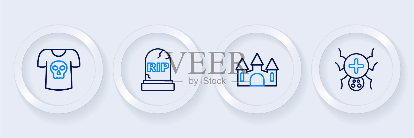 设置线蜘蛛，城堡，墓碑与RIP写和衬衫头骨图标。向量插画图片素材