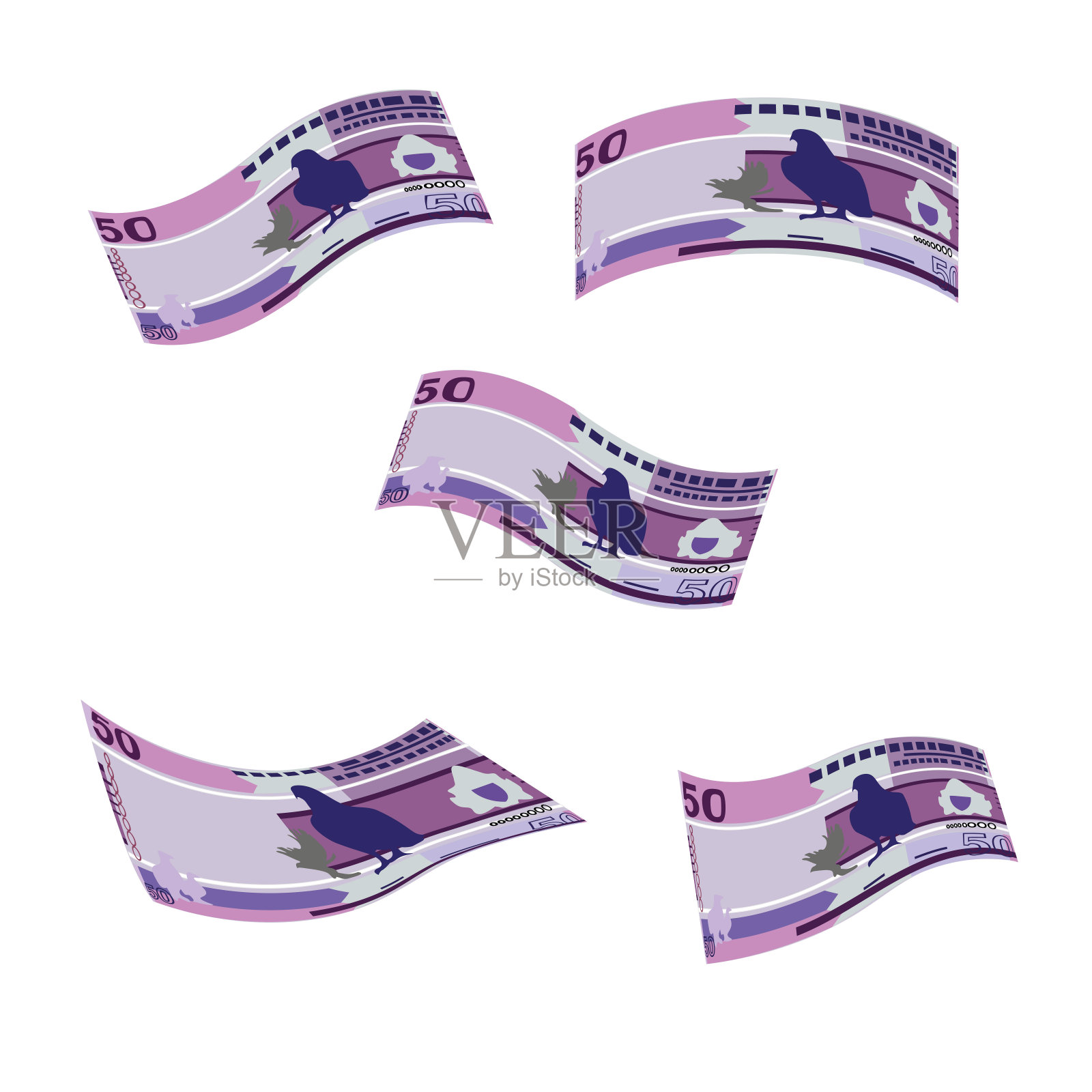 冈比亚达拉西矢量插图。冈比亚货币套装钞票。下落，飞行钱50 GMD。平的风格。孤立在白色背景上。简单的最小设计。插画图片素材