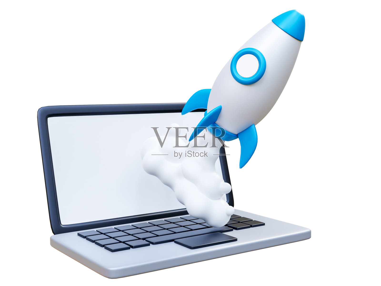 用笔记本电脑发射火箭。创意概念性业务启动及市场拓展。启动启动项目的流程，通过计划和策略提出想法。三维渲染照片摄影图片