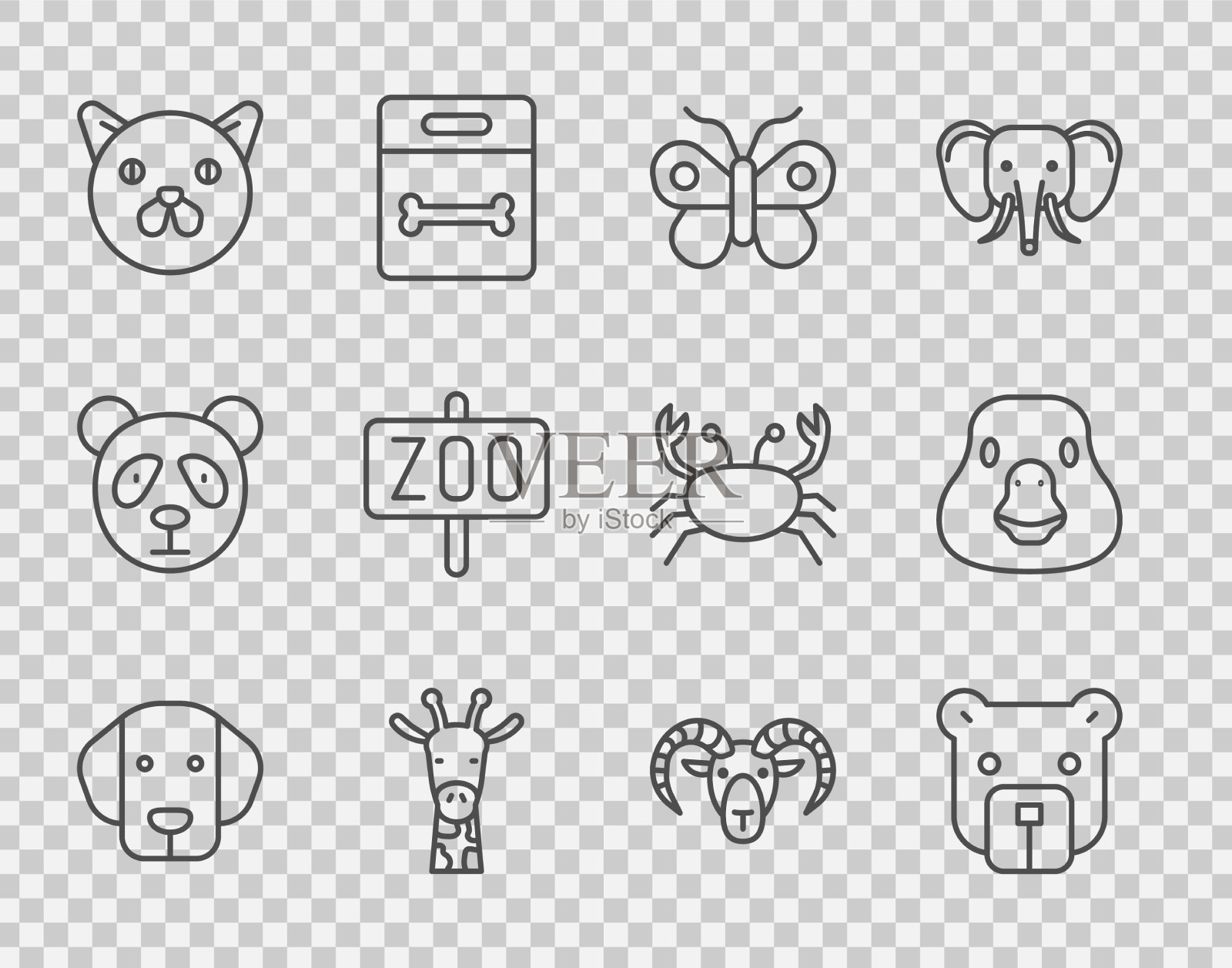 设置线狗熊头蝴蝶长颈鹿猫图标素材