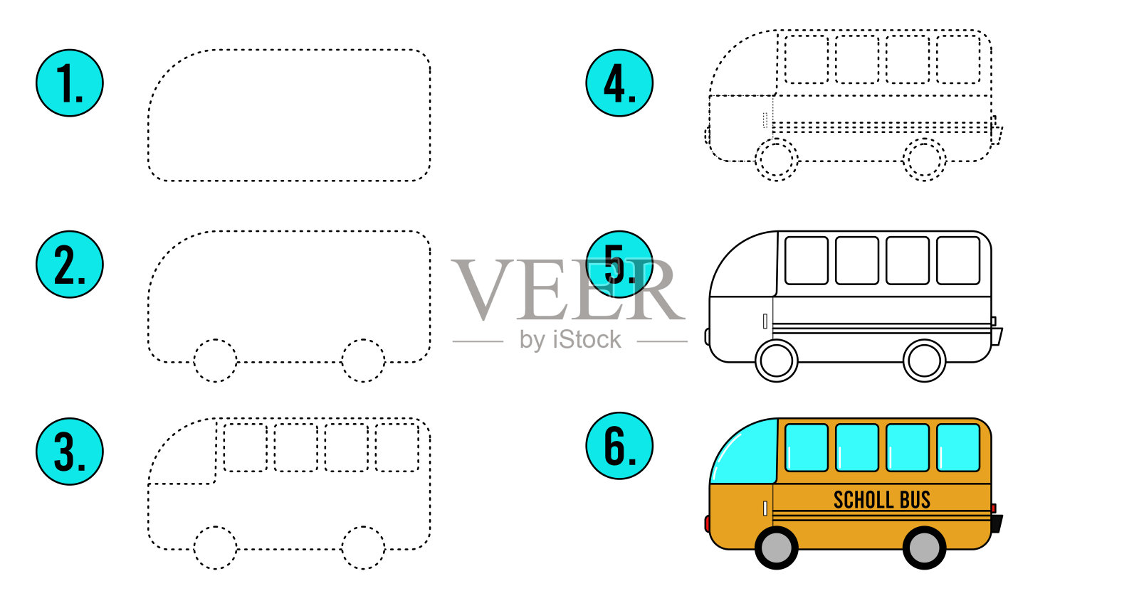 着色页大纲和绘图教程。如何画一辆车。校车被追踪。矢量跟踪游戏。一步一步来。点对点教育游戏的孩子。插画图片素材