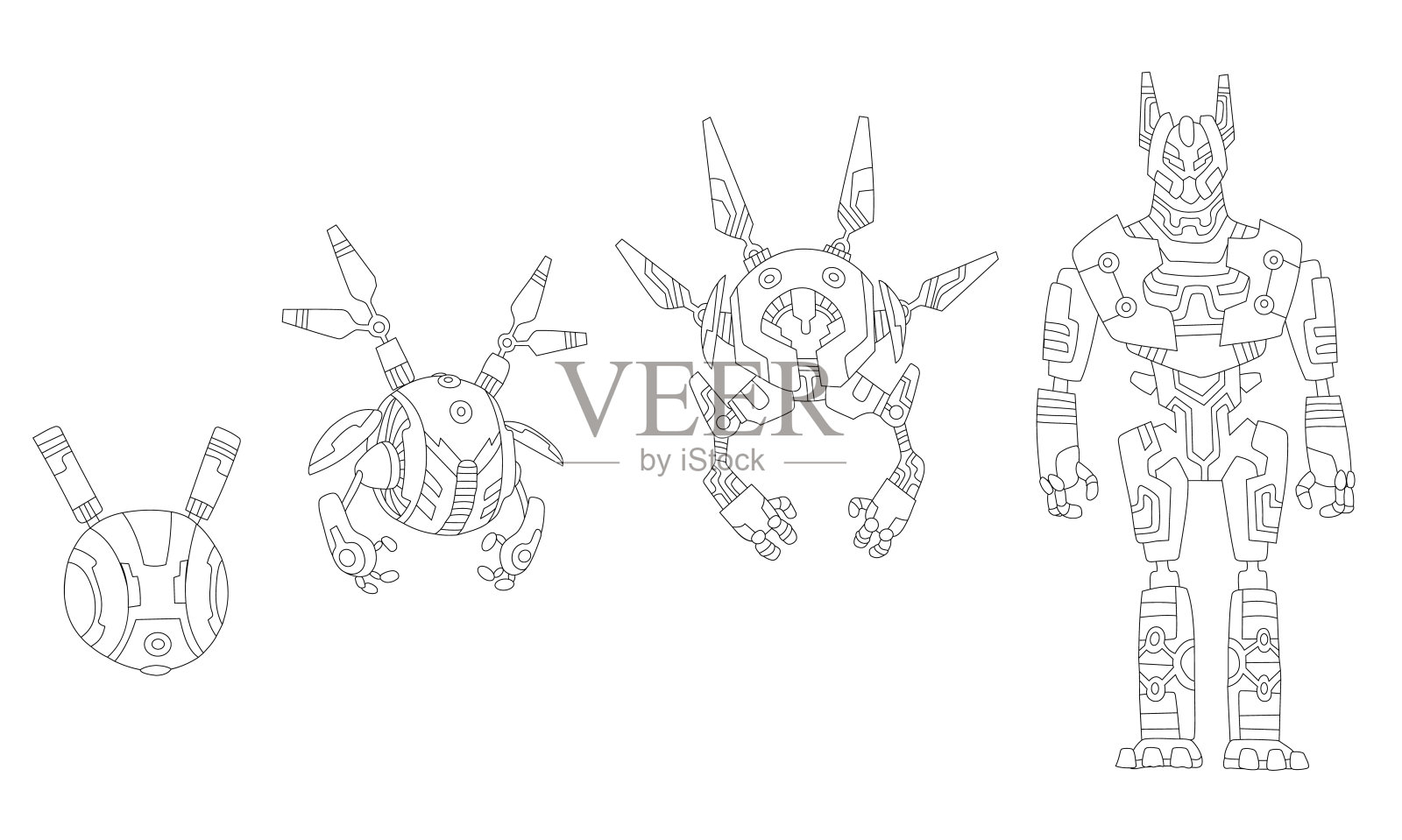 机器人草图。机器人概念的线描演变。矢量等距机器人从简单的单任务机器到现代服务机器人。人工智能，外星机器插画图片素材