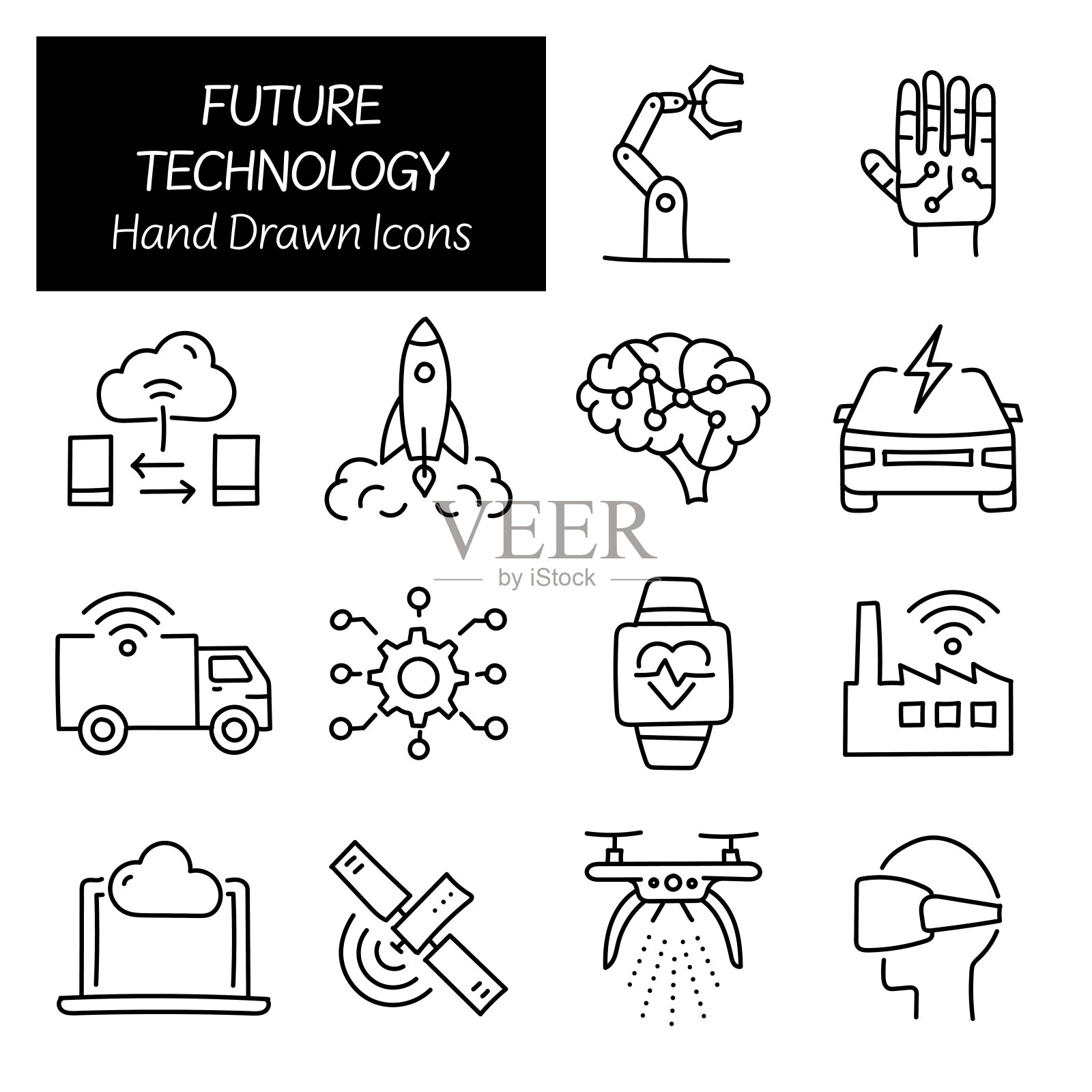 未来的技术相关手绘图标，涂鸦元素矢量插图插画图片素材