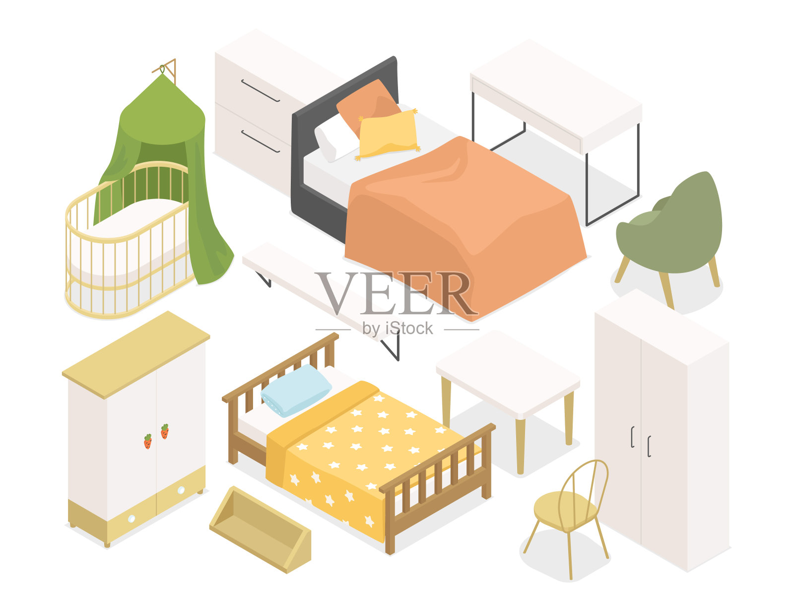 儿童卧室家具-现代矢量彩色等距插图集插画图片素材
