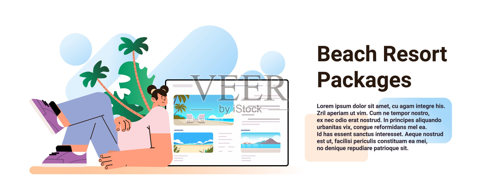 女人选择和订购旅游在线海滩度假套餐休息在沙滩上的海滨暑假概念插画图片素材