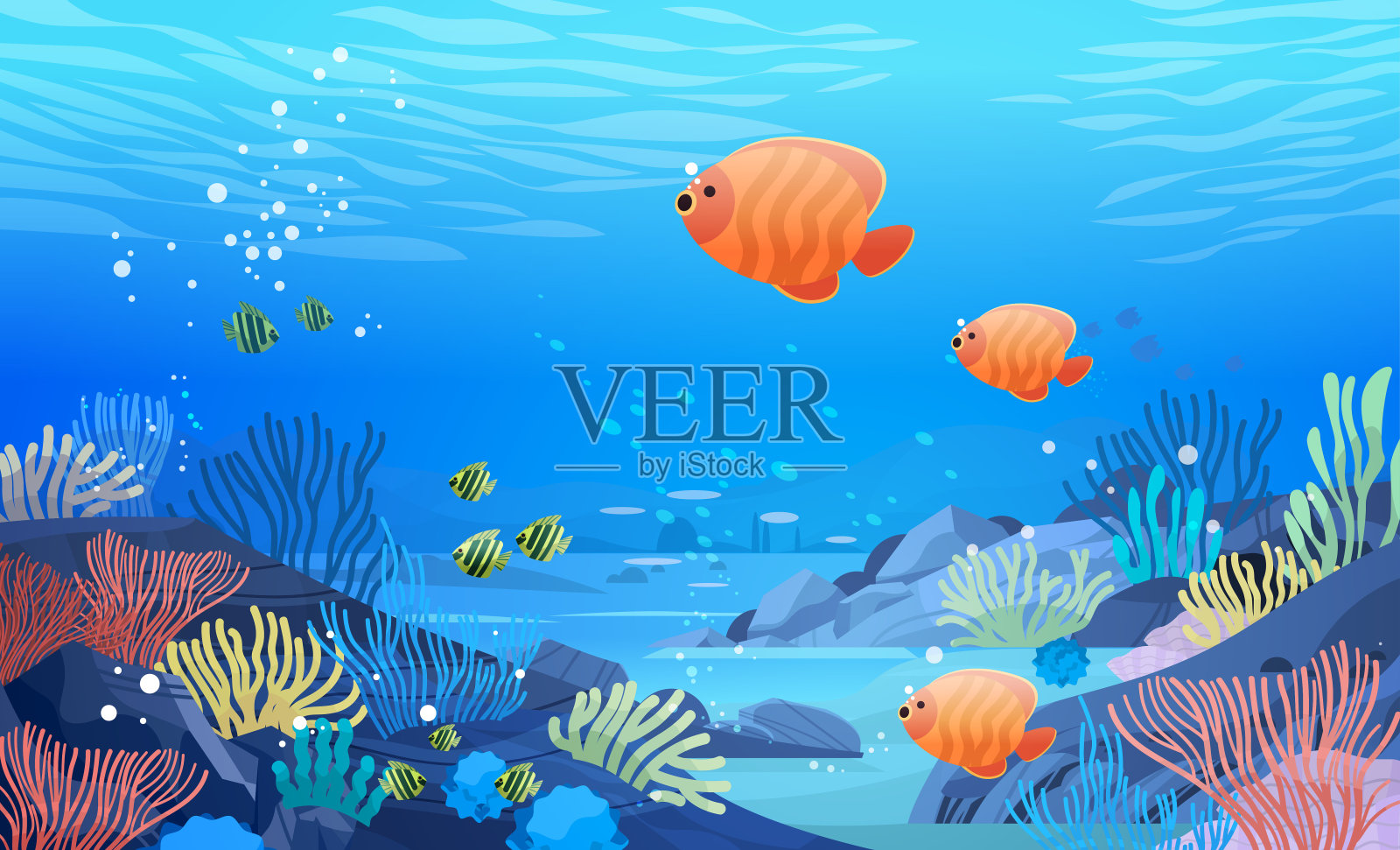 海洋或海洋动物与鱼类和珊瑚礁水下娱乐活动的概念插画图片素材