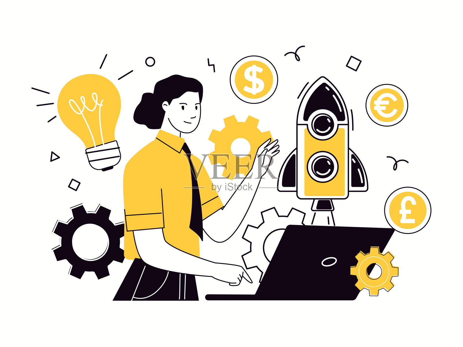 创业。创新理念，寻找解决方案，开发成功的技术，实现目标。插画图片素材