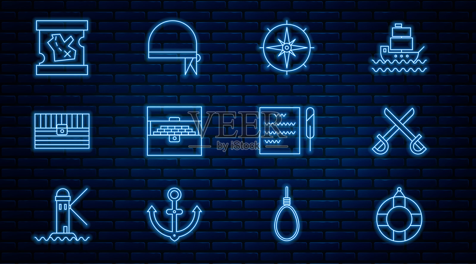 设置线救生圈，交叉海盗剑，风玫瑰，古董宝箱，海盗地图，羽毛笔和卷轴和头巾的头部图标。向量图标素材