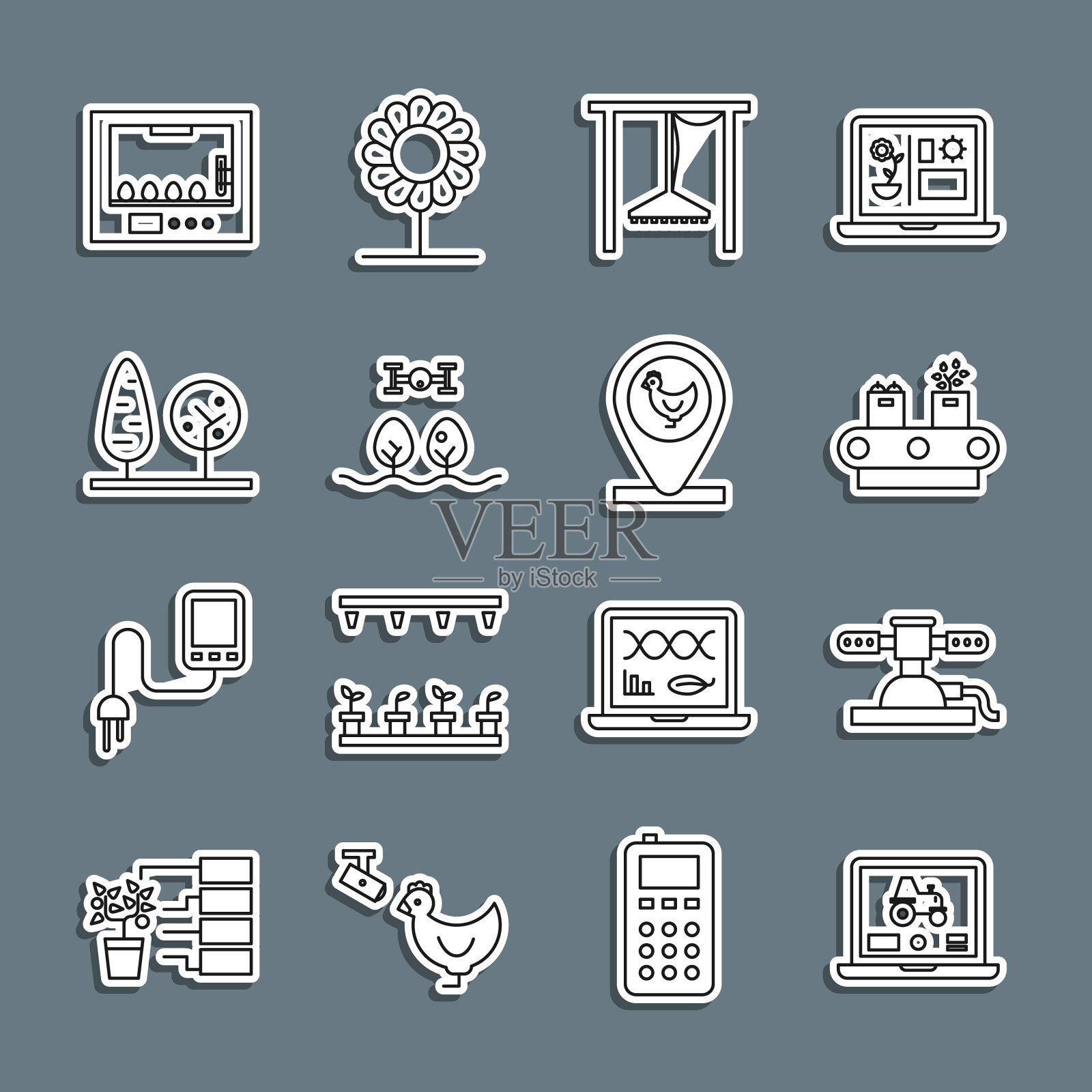 智能农场的笔记本电脑应用程序，自动灌溉洒水器，带盒子的传送带，智能无人机，树木，孵化蛋和鸡以及位置图标。向量图标素材