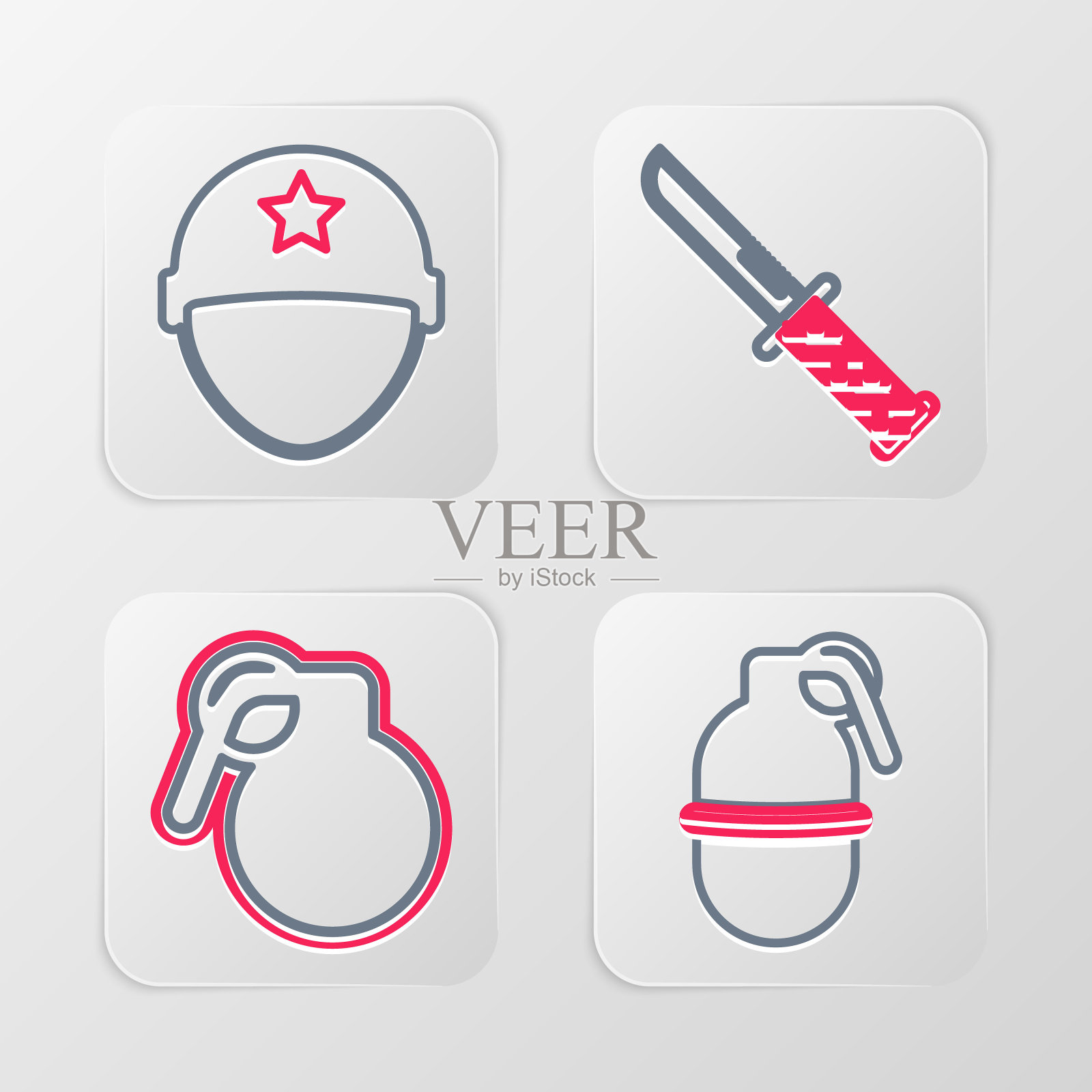 设置线手榴弹，军刀和头盔图标。向量图标素材