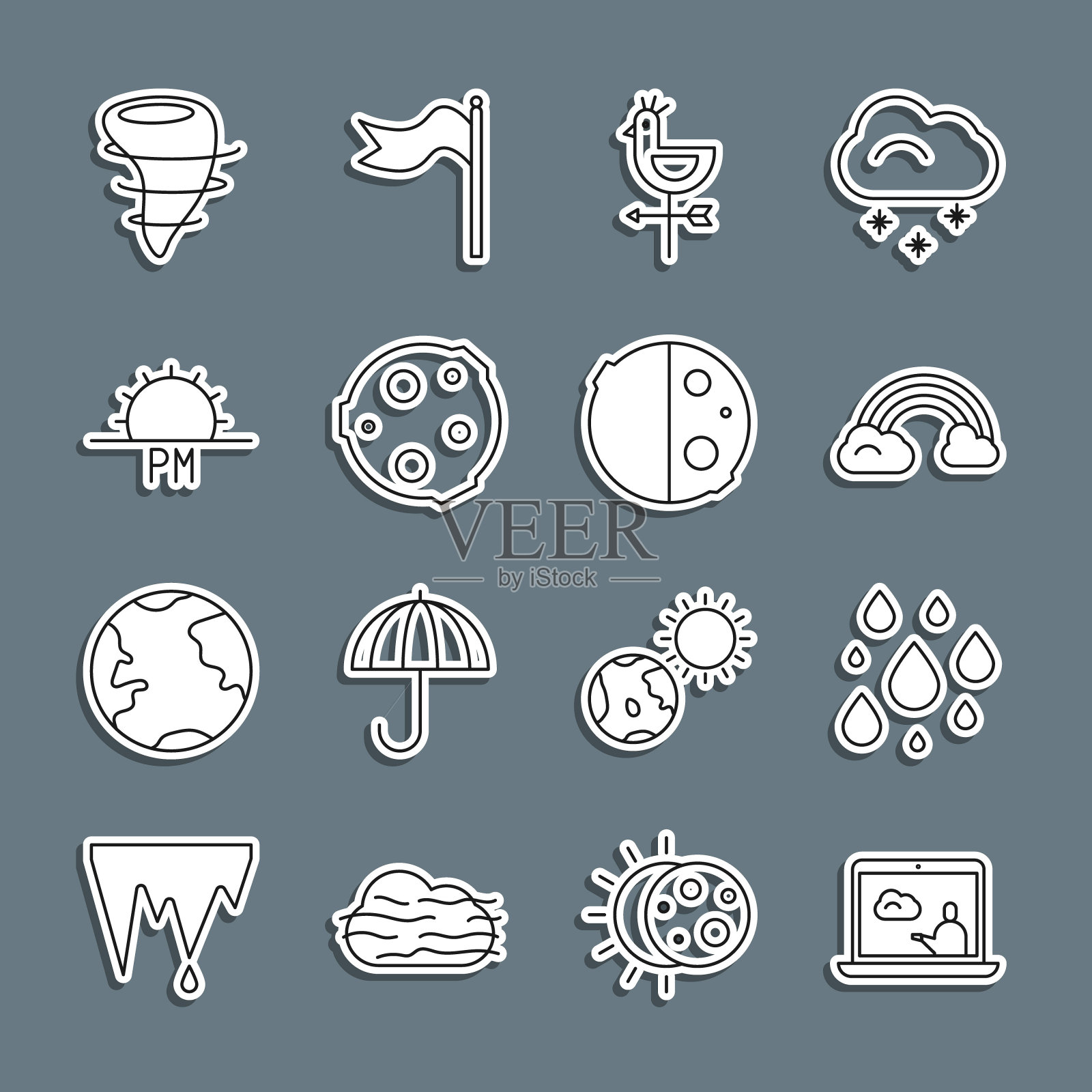 设置线天气预报，水滴，彩虹与云，公鸡风向标，月亮，日落，龙卷风和日食的太阳图标。向量图标素材