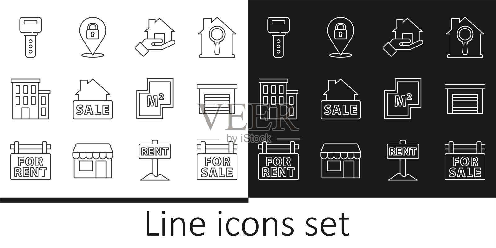 设置线悬挂标志出售，车库，房地产经纪人，房子，钥匙，计划和位置锁图标。向量图标素材