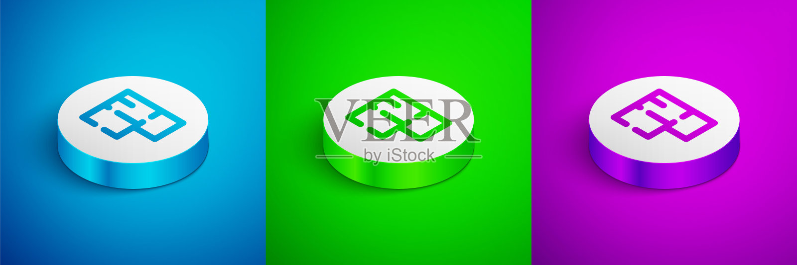 房屋平面图图标隔离在蓝色，绿色和紫色的背景。白色圆圈按钮。向量图标素材