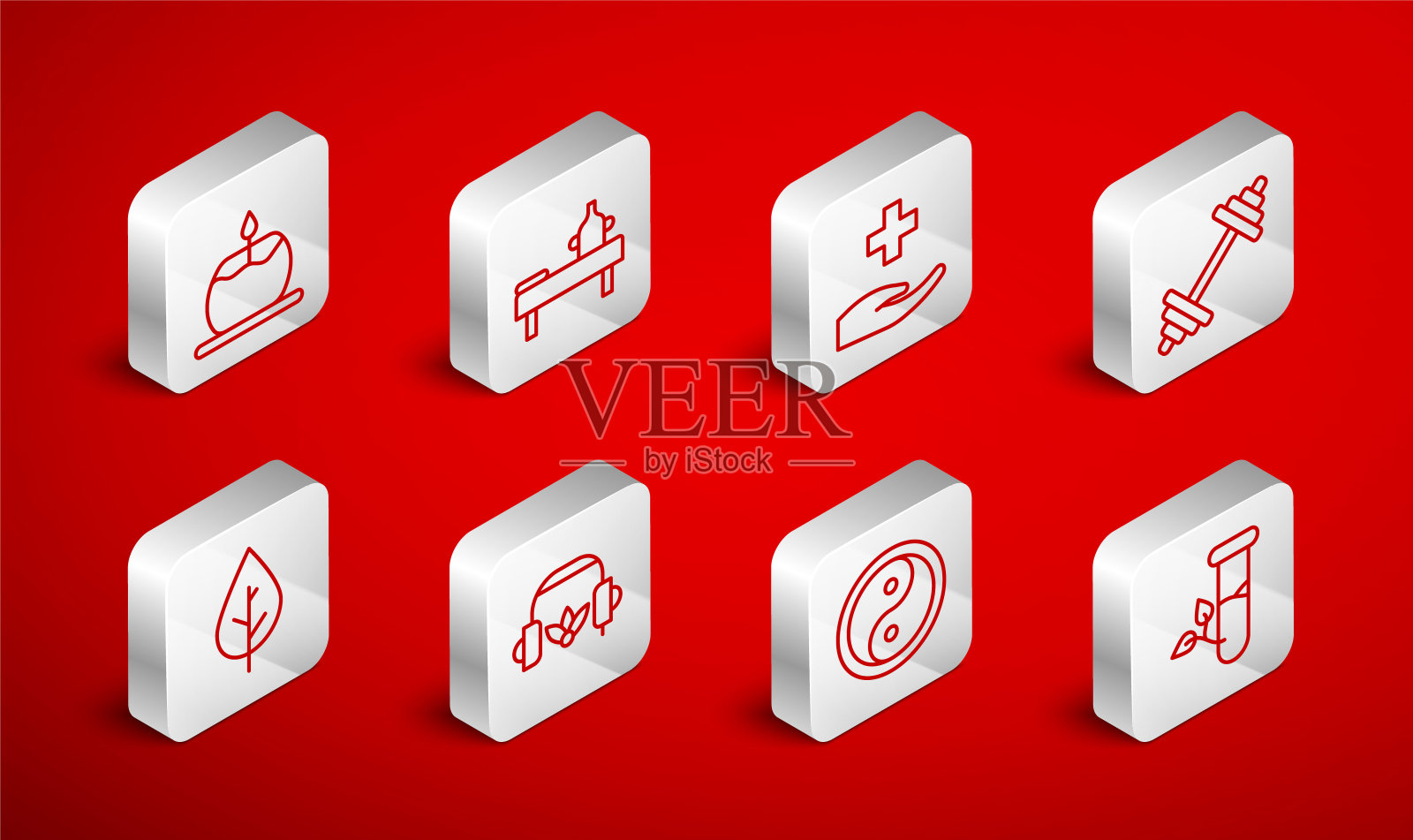 设有实验室玻璃和叶子，油按摩桌，交叉医院医疗，哑铃，阴阳，芳香蜡烛，冥想耳机和叶子图标。向量图标素材