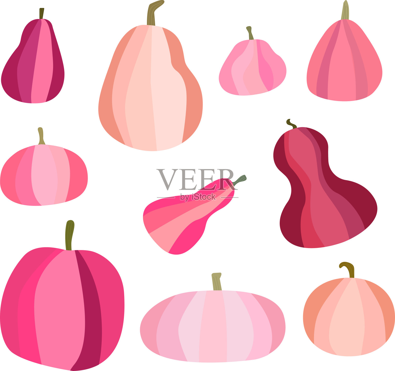 一套粉红色的南瓜。可爱的万圣节。秋天,秋天的南瓜插画图片素材