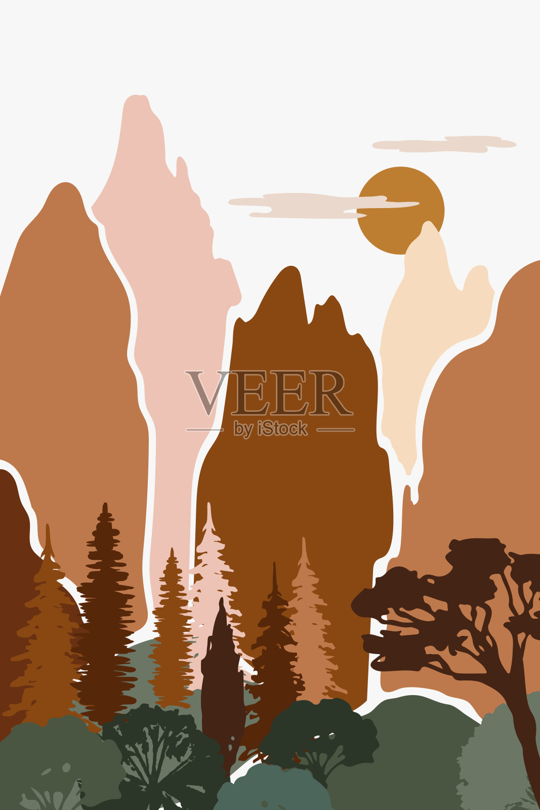 山脉、岩石、天空、太阳。风格化的中国山景。《阿凡达》。模板剪纸风格。黎明。日落。抽象矢量图案在地球的颜色。插画图片素材