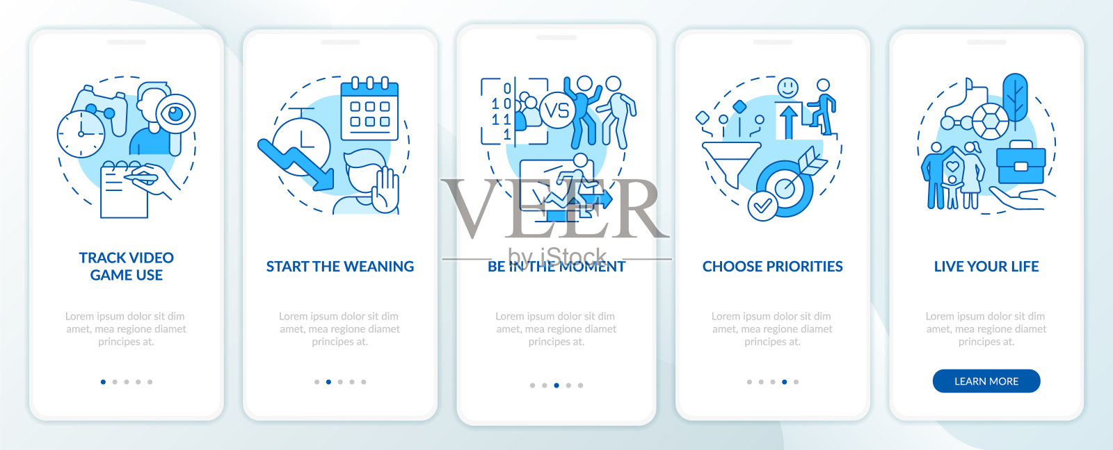 应对游戏成瘾蓝色板上移动应用程序屏幕设计模板素材
