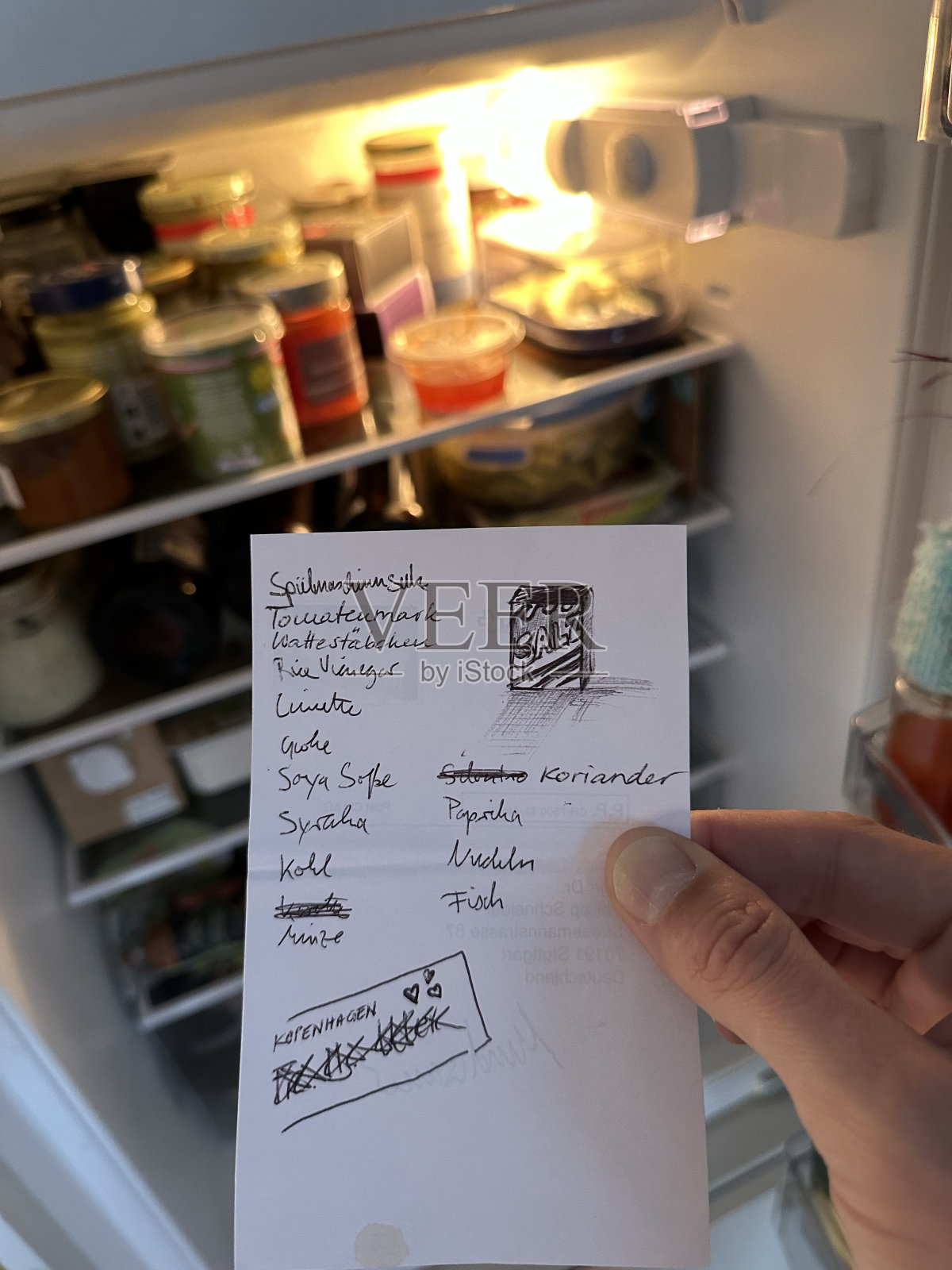 手绘购物清单与冰箱照片摄影图片