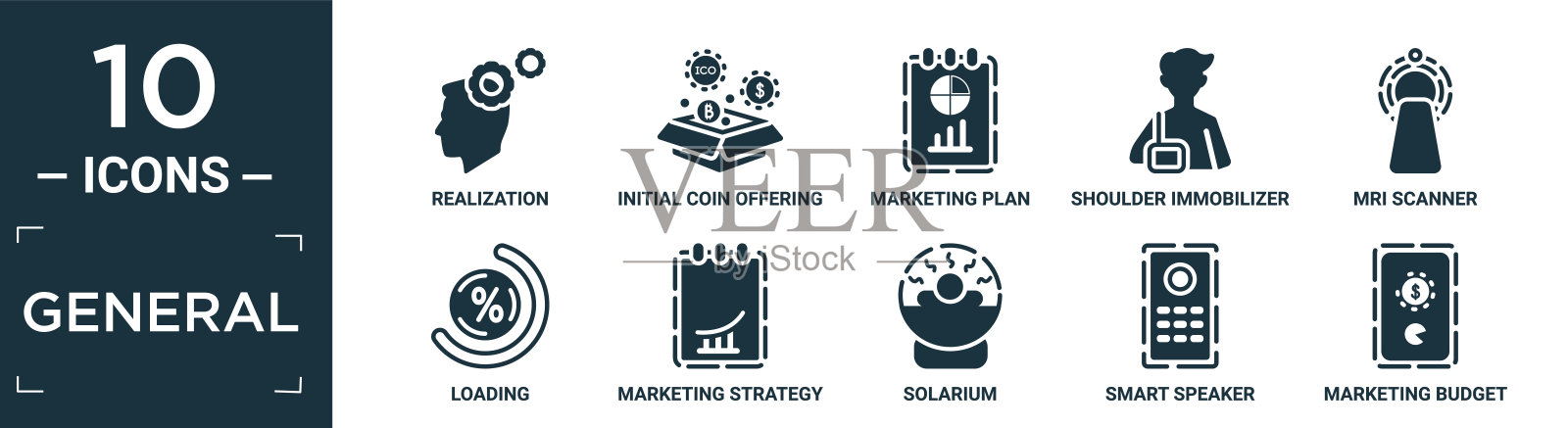 填充一般图标集。包含扁平实现，首次代币发行，营销计划，肩固定器，核磁共振扫描仪，加载，营销策略，日光浴室，智能扬声器，营销预算。图标素材