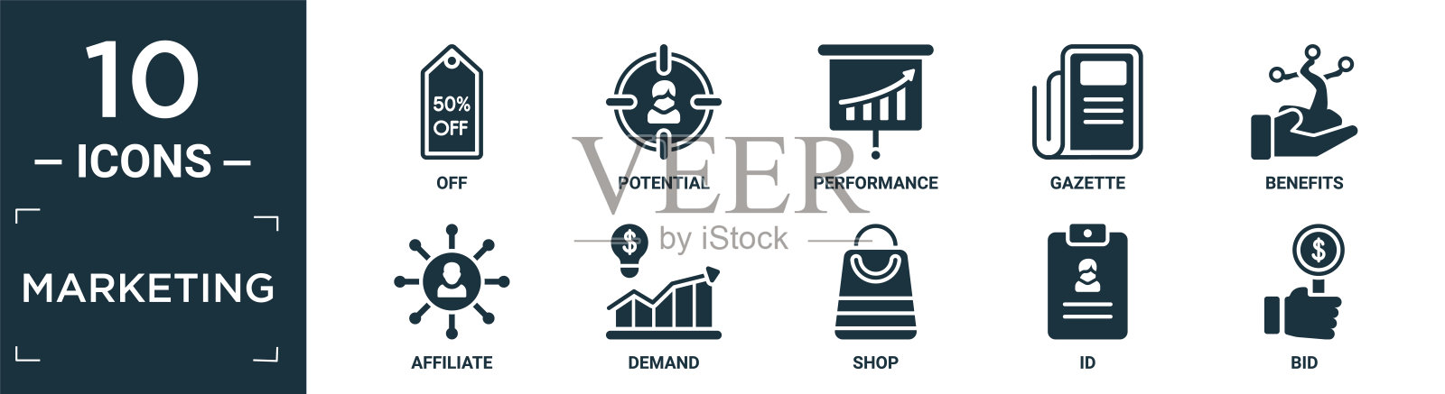 填充营销图标集。包含平关，潜力，性能，公报，利益，附属，需求，商店，id，出价图标在可编辑的格式。插画图片素材