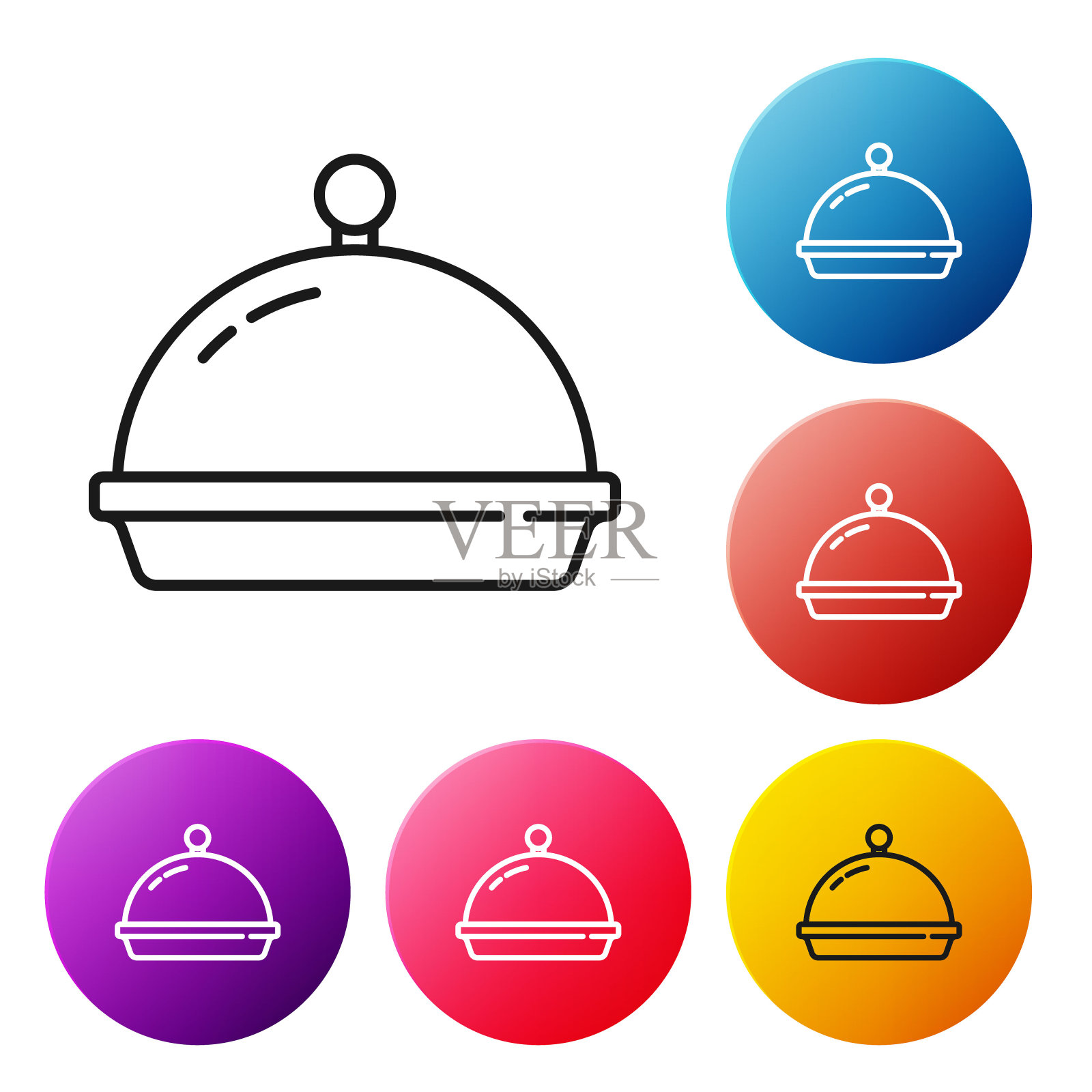 黑线覆盖着一个托盘的食物图标孤立在白色背景。托盘和盖子。带盖子的餐厅挂钟。厨房用具的象征。设置图标彩色圆圈按钮。向量插画图片素材