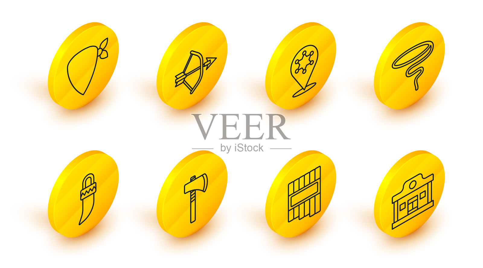 设定线狂野西部沙龙，排箫，战斧斧，牙齿，套索，六角星警长，弓箭在箭筒和牛仔头巾图标。向量图标素材