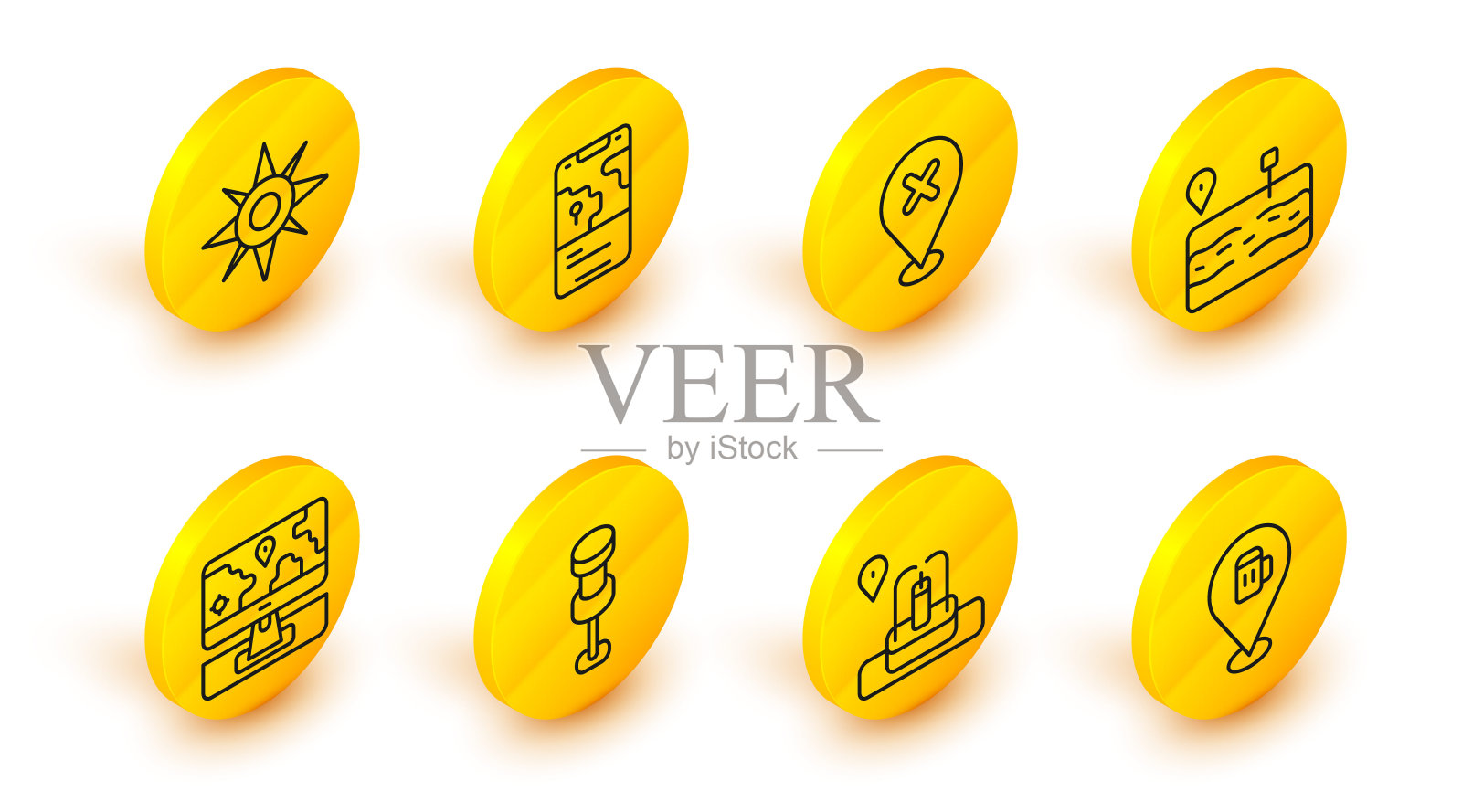 设置线酒精或啤酒酒吧的位置，位置与喷泉，推销，监控标记，破碎的道路，十字，城市地图导航和风玫瑰图标。向量插画图片素材