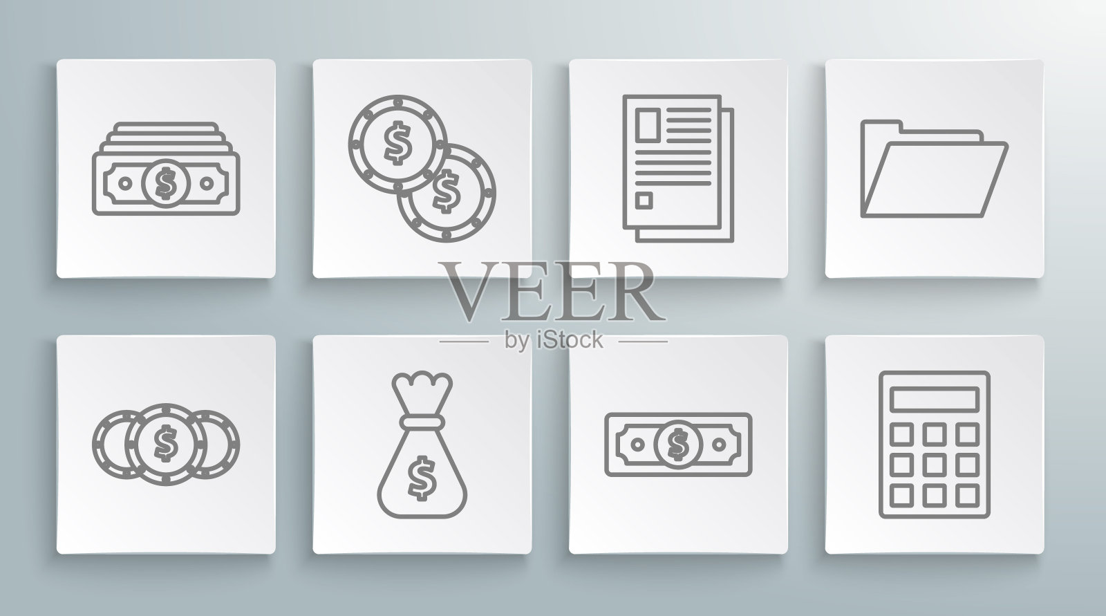 设置线硬币与美元符号，钱袋，堆栈现金，计算器，文件文件，文件文件夹和图标。向量图标素材