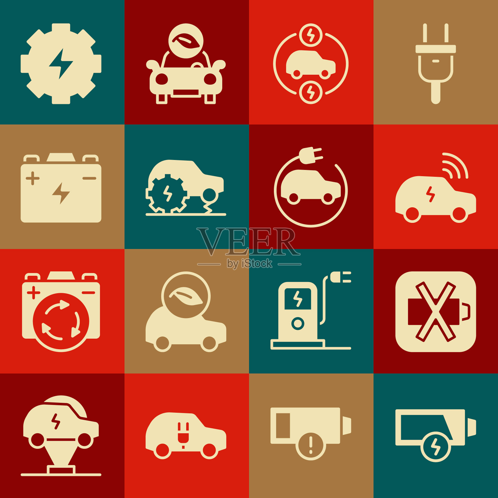 设置低电池，智能汽车系统，电力，服务，汽车，齿轮和闪电和图标。向量图标素材