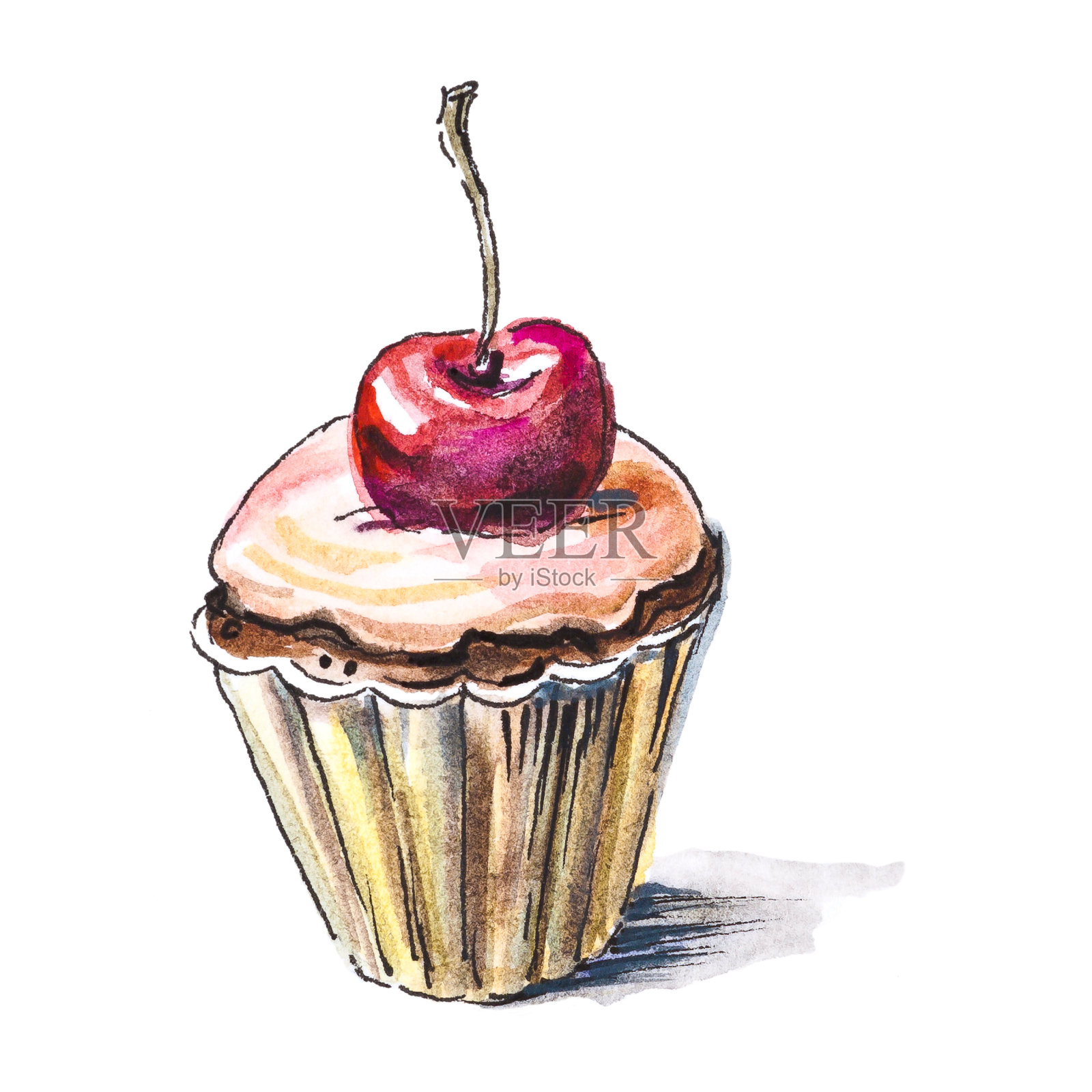 用水彩画樱桃的巧克力松饼插画图片素材