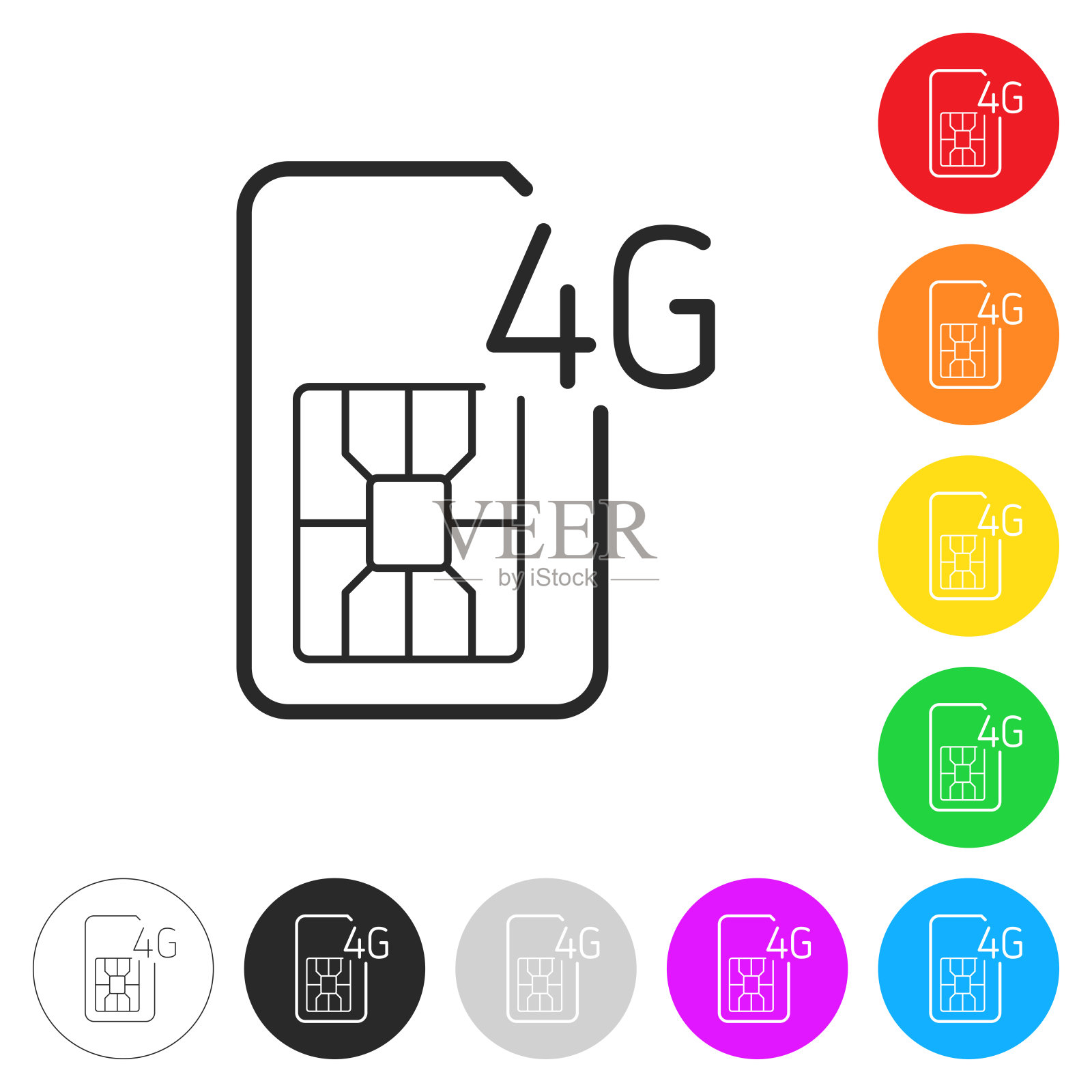 4 g SIM卡。彩色按钮上的图标插画图片素材