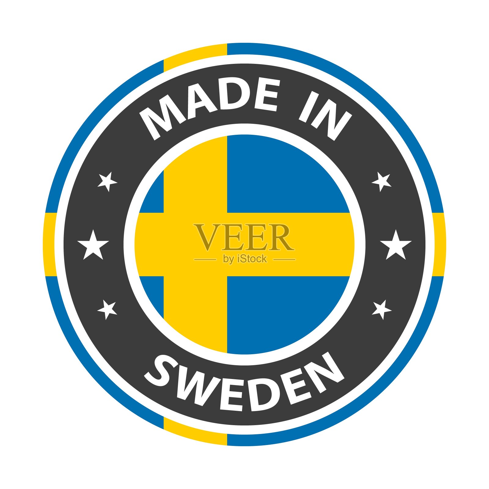 瑞典制造徽章矢量。有星星和国旗的贴纸。标志孤立在白色背景上。插画图片素材