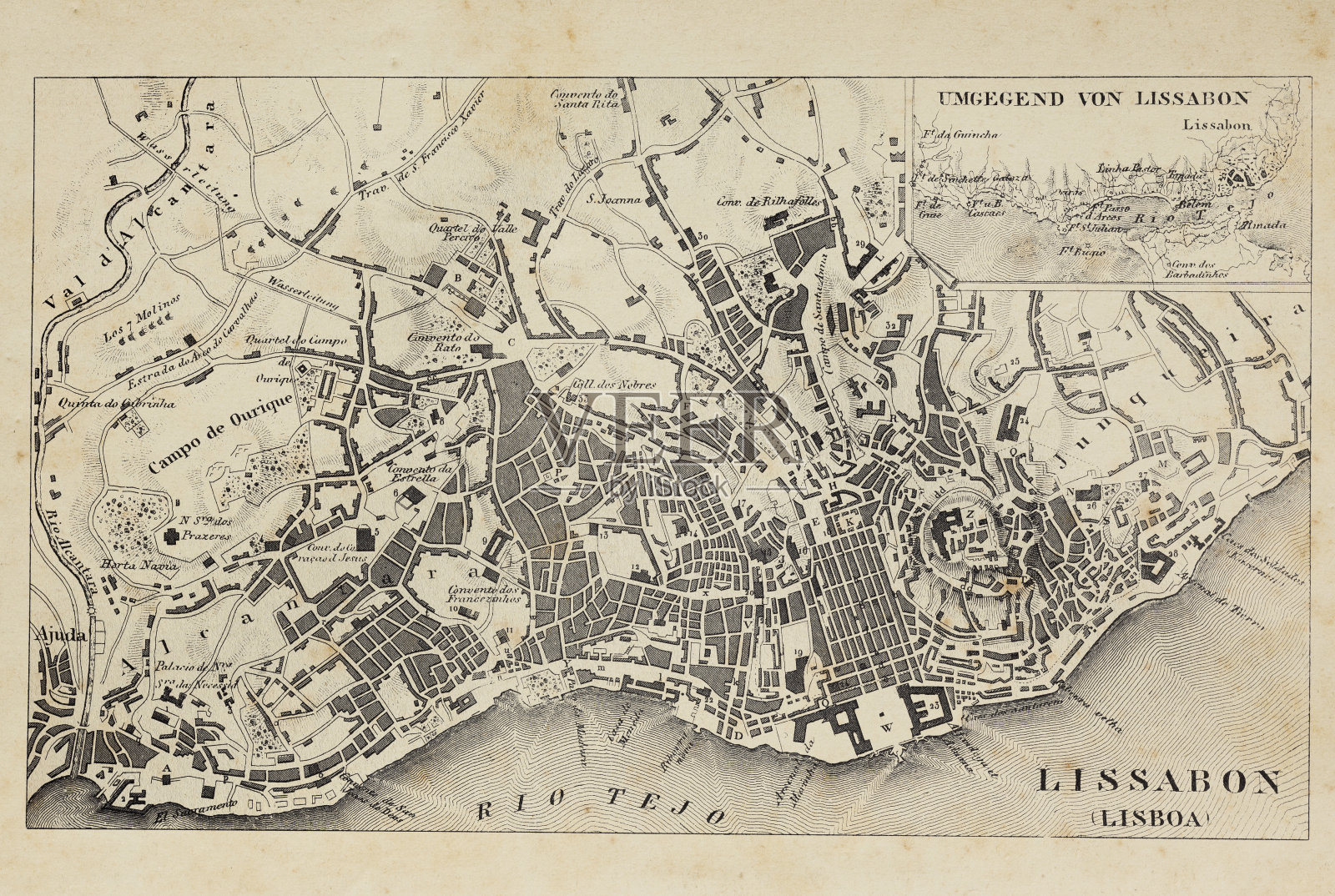 里斯本古董地图葡萄牙插图1851插画图片素材