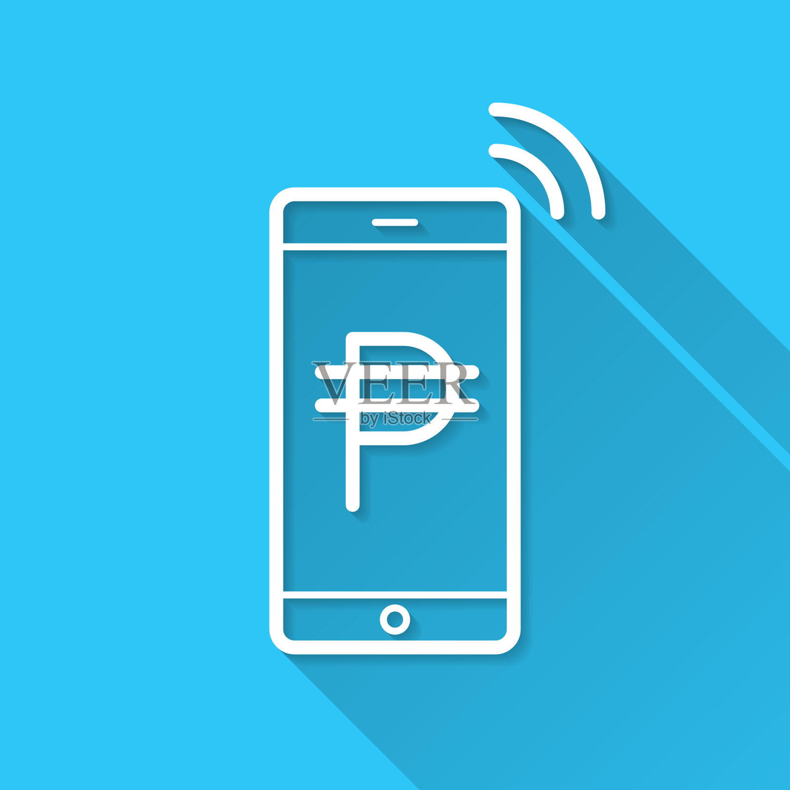 带比索的移动支付。图标在蓝色背景-平面设计与长阴影插画图片素材