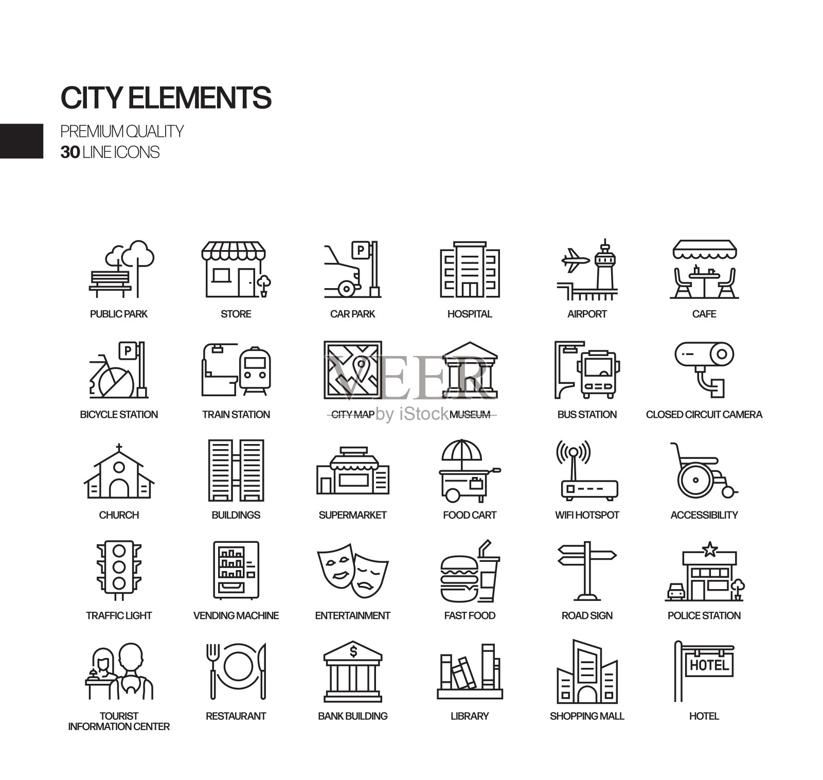与城市元素相关的向量线图标的简单集合。大纲符号集合。图标素材